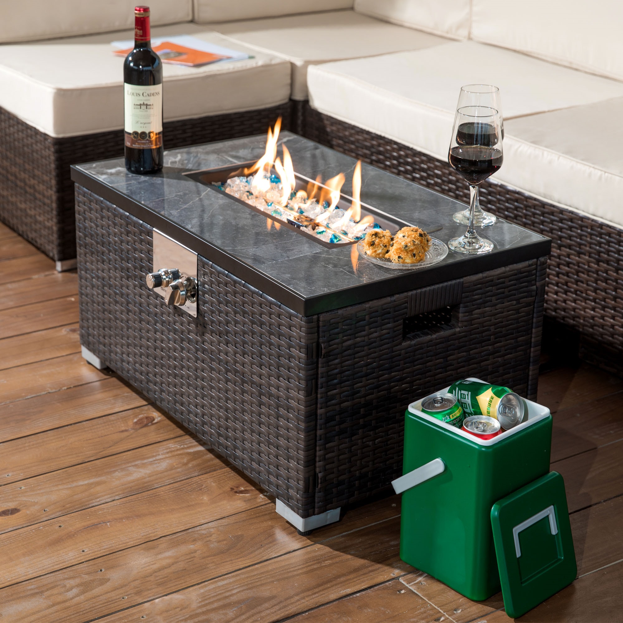 BABOOM BOM-35465-OR 20-in W Brown Wicker Rectangle Tabletop Liquid propane Fire pit table