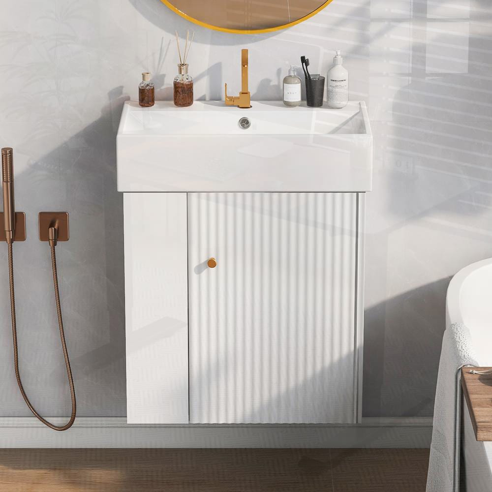 SunJet - 21.6 White Floating Bathroom Vanity with Ceramic Basin and Left Side Storage for Modern ...