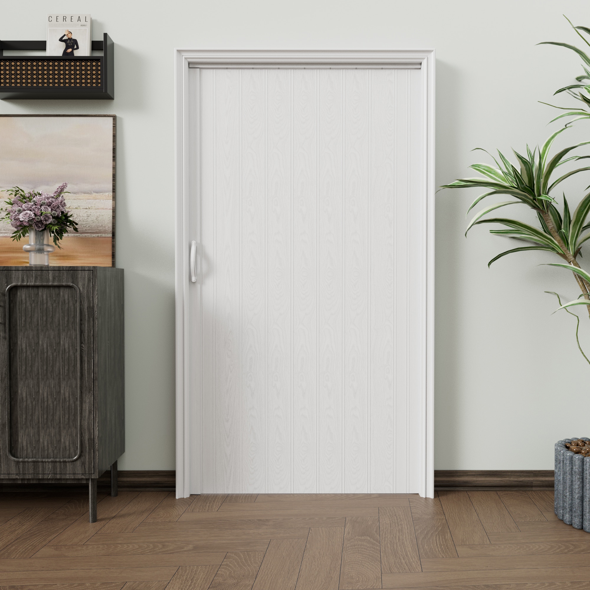 JUJUBON IN-ADFD006-WH Accordion Door 36-in x 80-in Reversible/Universal Handing White PVC Accordion Door ( Hardware Included )