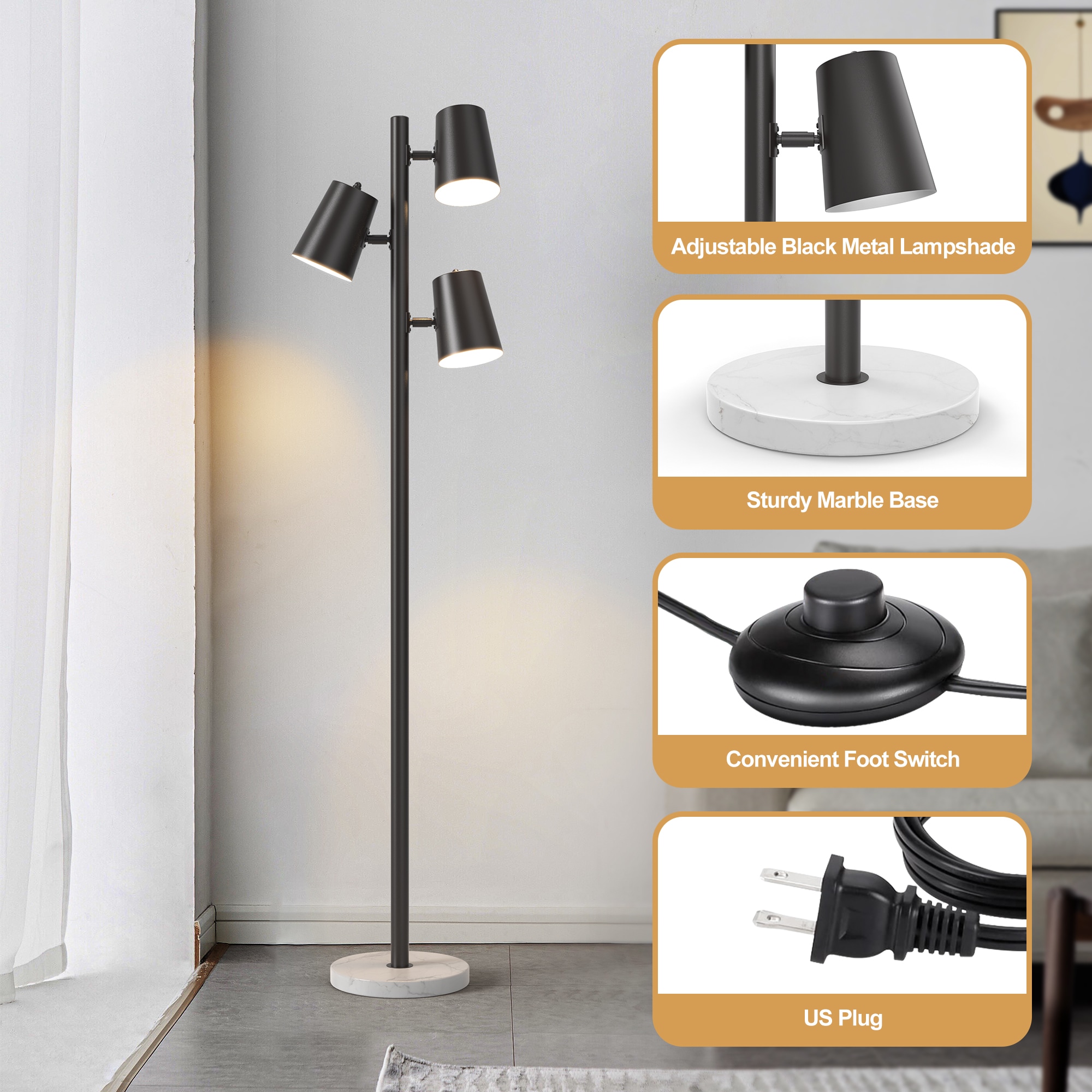 Black Metal and Marble Adjustable Multi-head Floor Lamp