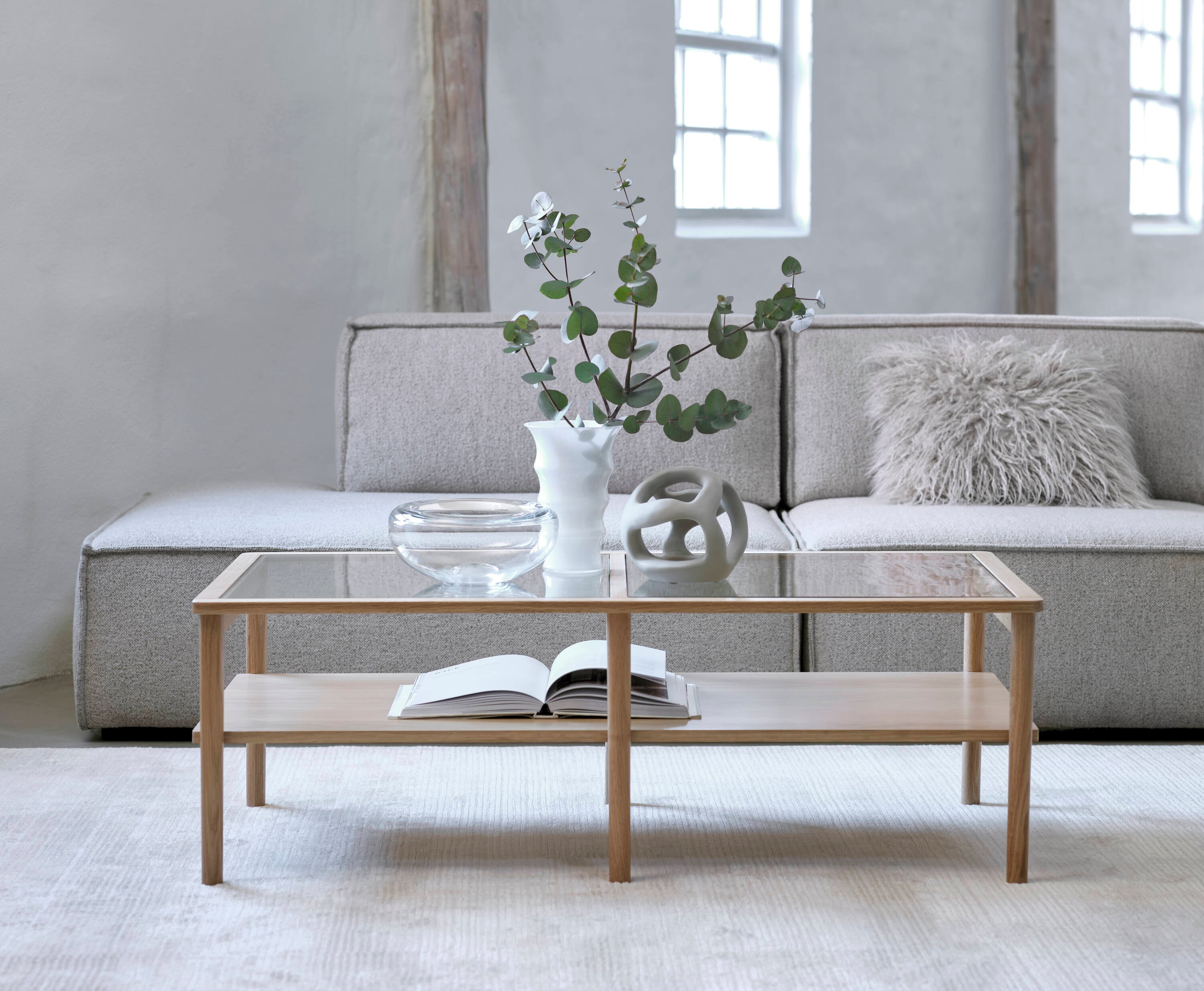 Natural Oak and Glass Rectangular Coffee Table with Shelf