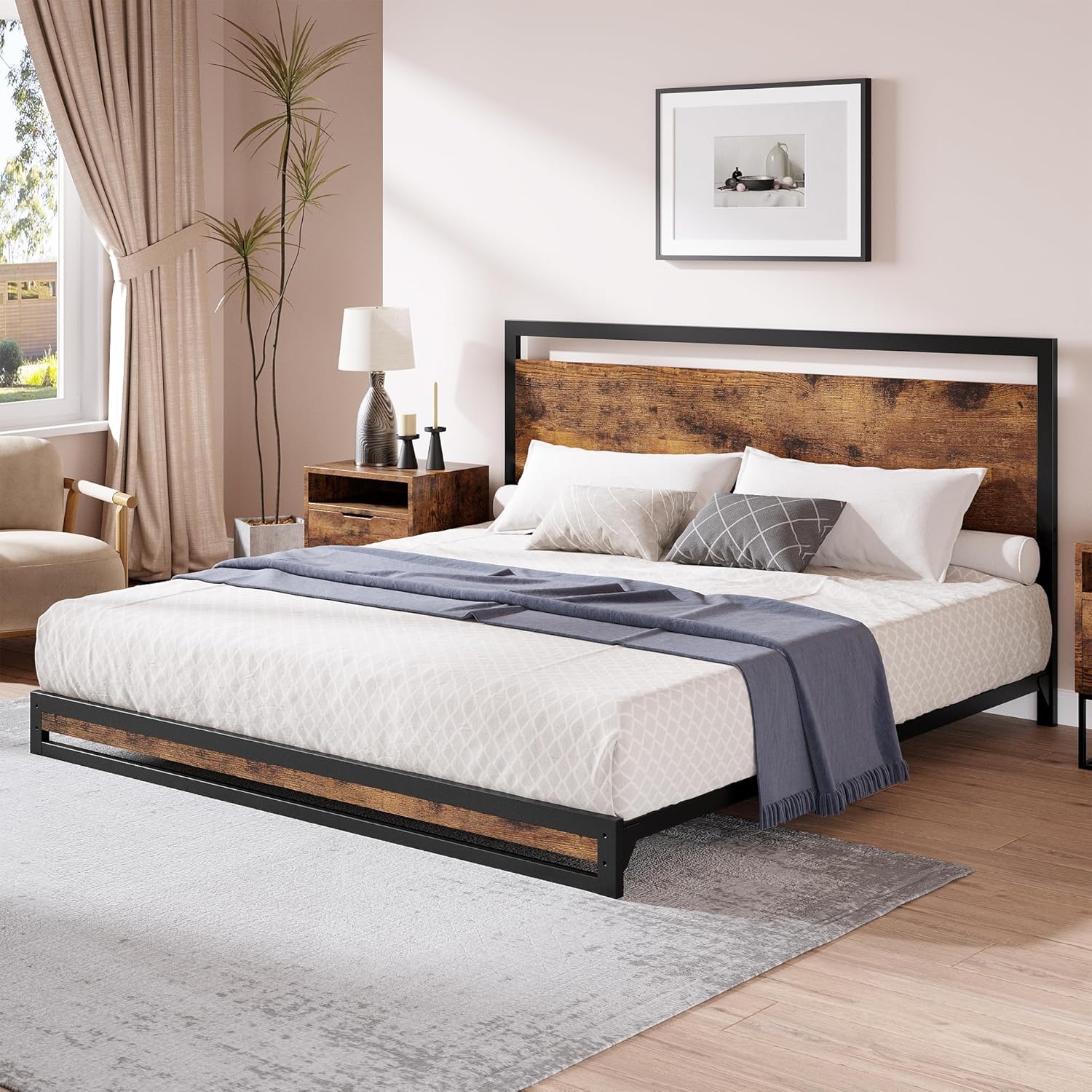 Qeetex LHF-BED-PHO-14Z1CUUU 6 Inch Full Metal Platform Bed Frame with Wooden Headboard and Footboard No Box Spring Needed Easy Assembly Rustic Brown