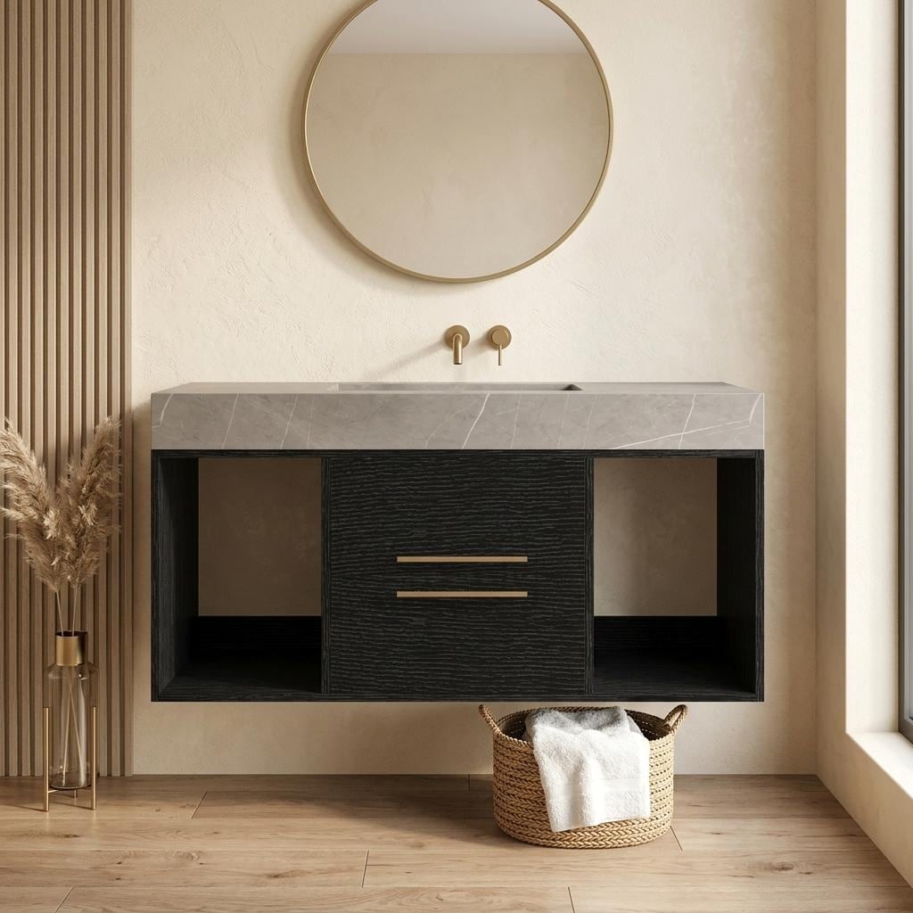 Homy Casa - 39.4-in W Black Floating Bathroom Vanity with Soft Close Drawers Faux Marble Top Cera...