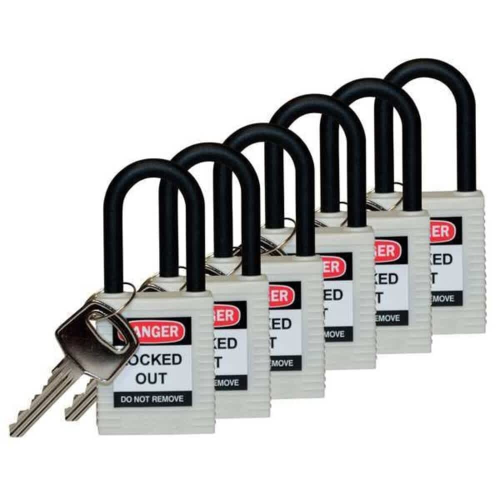 Brady  Lockout Padlock Keyed Different Nylon White 1 1/2 in Shackle Height 1 1/2 in Body Width 6 PK