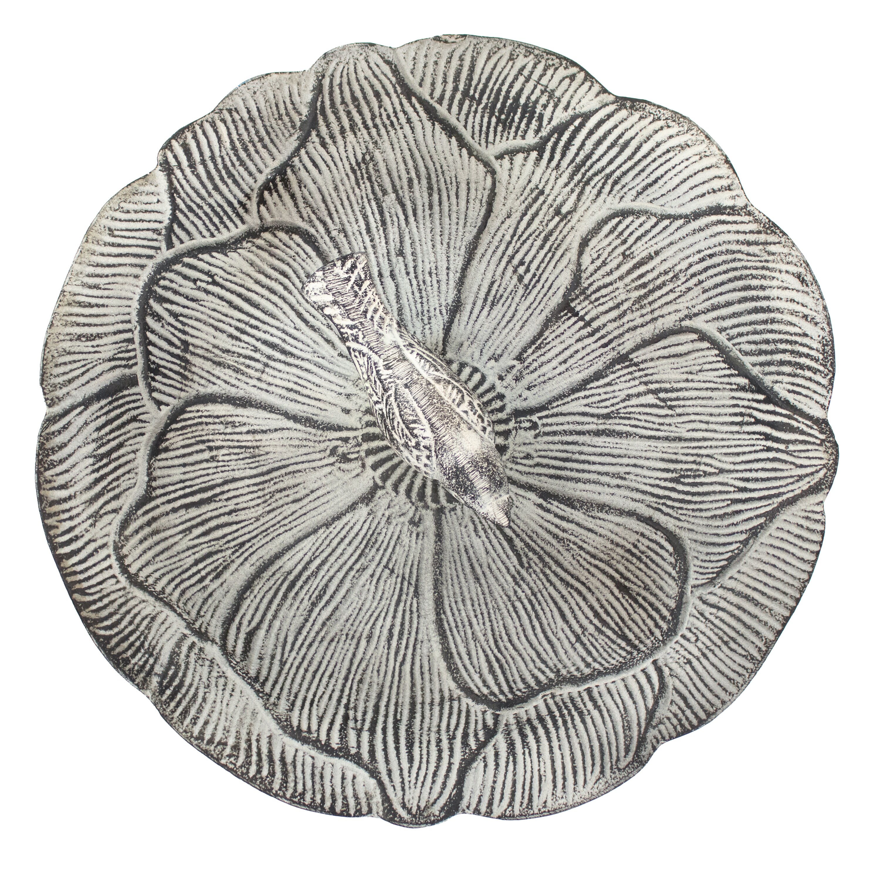 Antique Gray Cast Aluminum Bird Bath with Blossom Motif