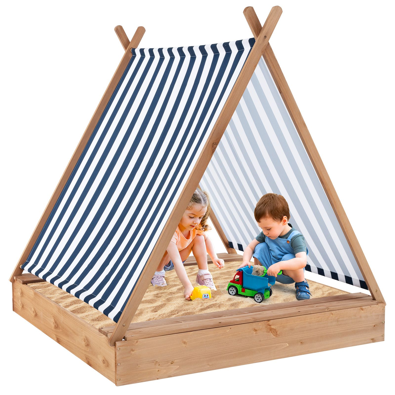 Slickblue 49L x 48W-Inches - Natural Rectangle Fir Wood Sandbox with Built-In Benches and Detachable Sunproof Cover for Backyard Garden or Beach