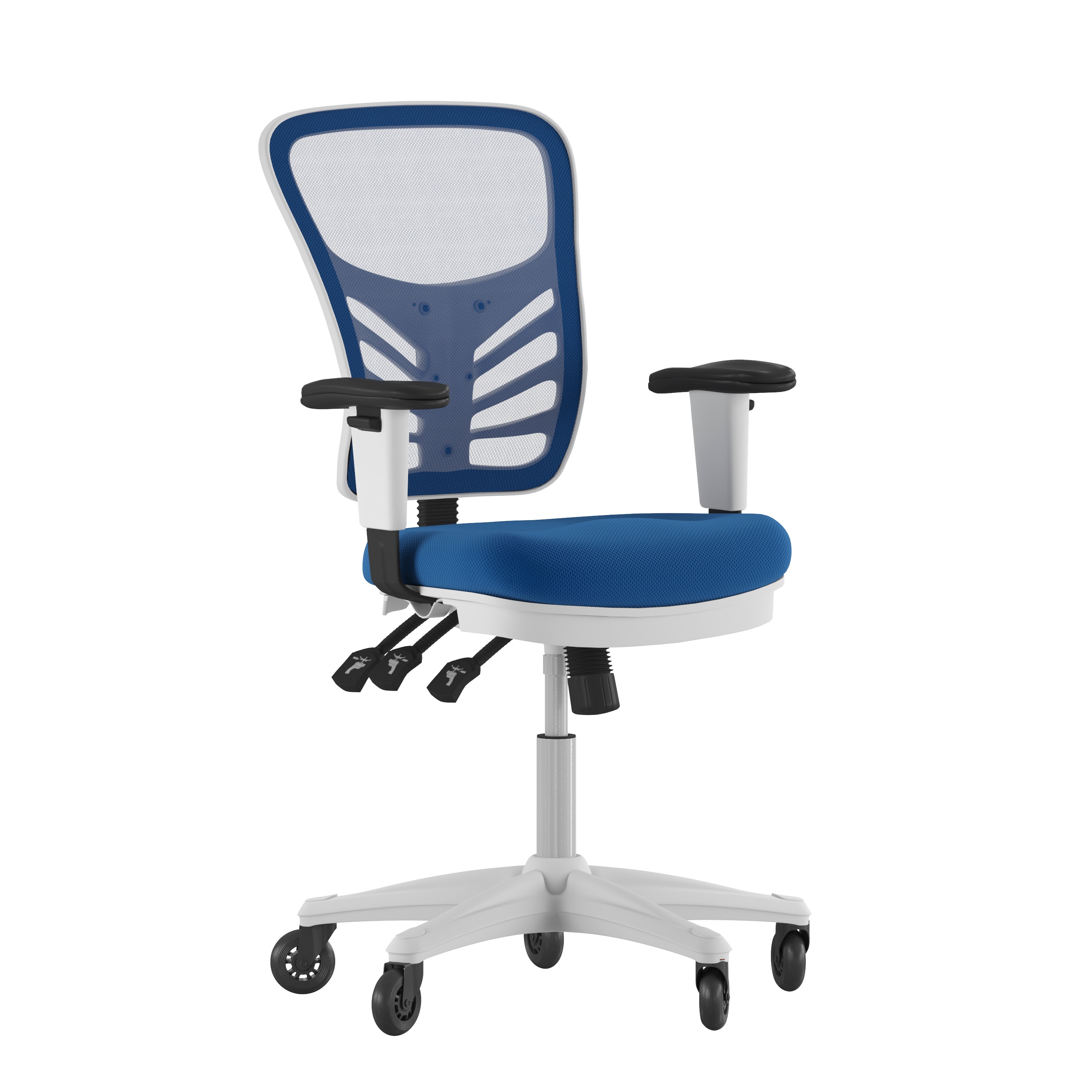 Flash Furniture 840196381923 Nicholas Mid-Back Blue Mesh Multifunction Executive Ergonomic Office Chair with Adjustable Arms; Transparent Roller Wheels; and White Frame