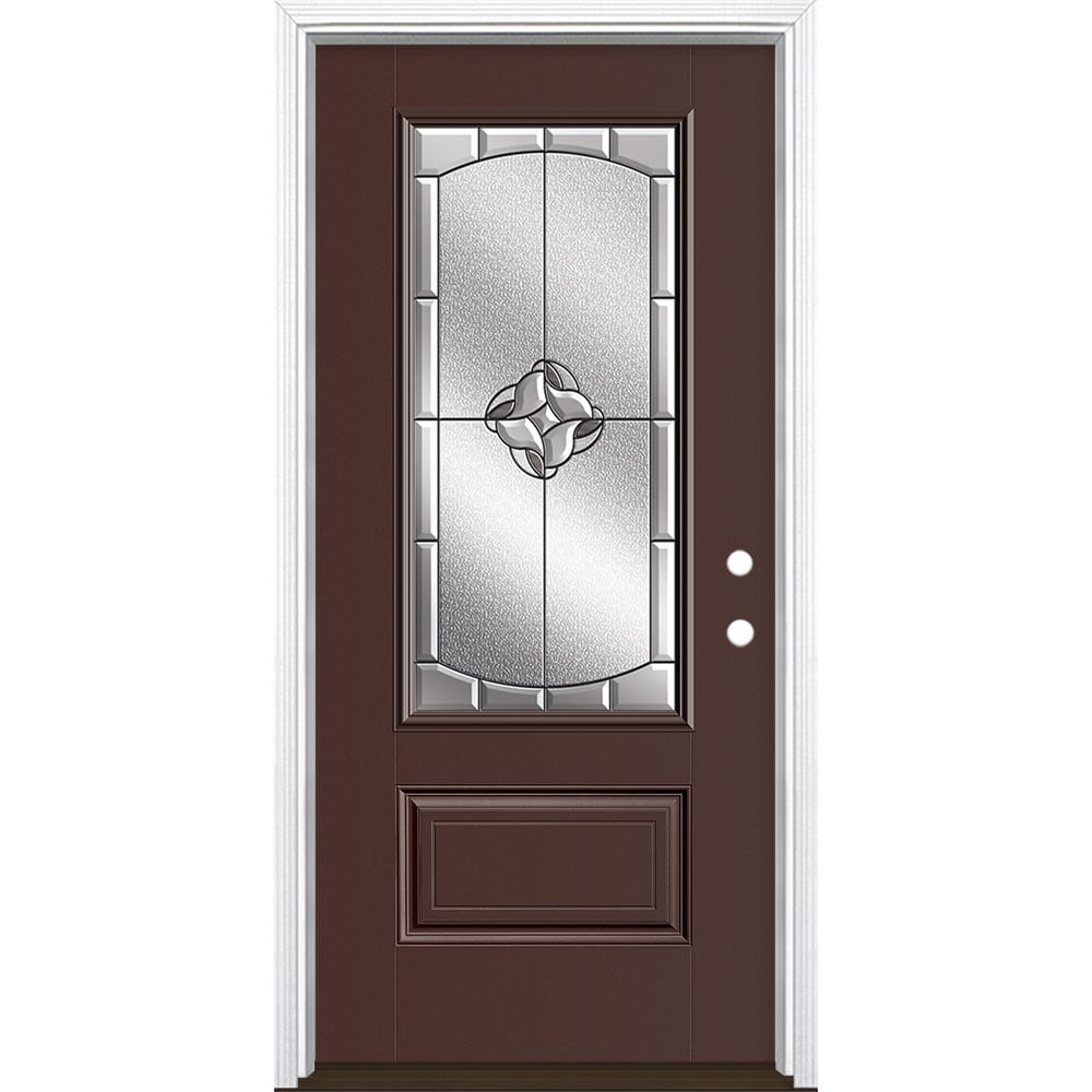 Masonite 3423035 Rozet 36-in x 80-in x 4-9/16-in Fiberglass 3/4 lite Left-hand inswing Chocolate Painted Prehung Single door Front Door with Brickmould Insulating core Decorative glass