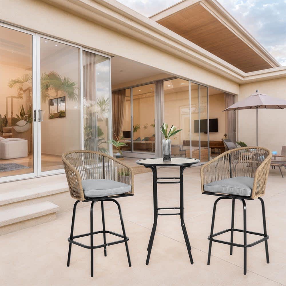 JUJABU ZJPAITOSET-2 Grey 3pcs Outdoor Bar Set Patio Bar Table and Chairs Set Bar Height Patio Set 2Swivel Bar Chairs 1Round Bar Table for Garden