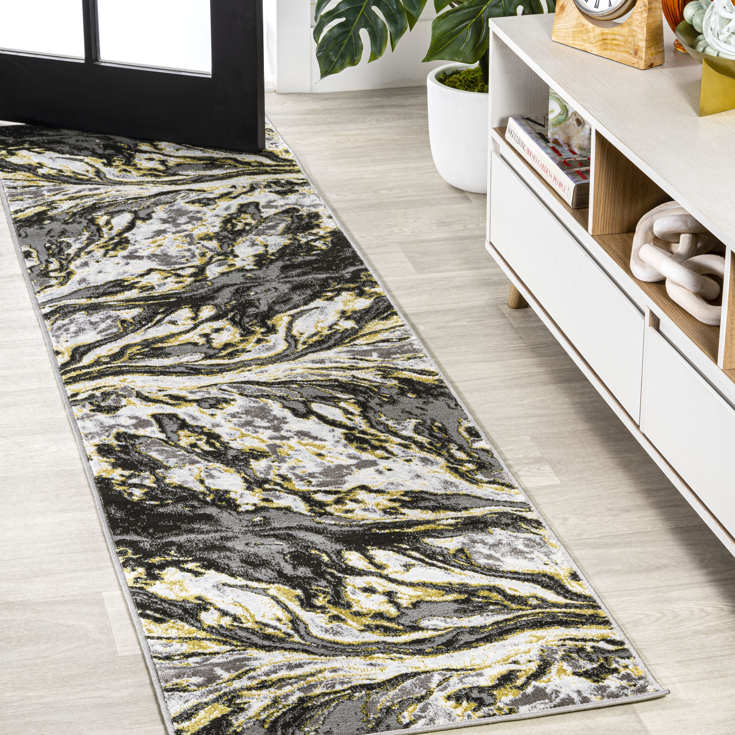 JONATHAN  Y SOR203D-28 Silk Orchid Swirl Marbled Abstract 2 x 8 (ft) Loomed Polypropylene Black/Yellow Rectangular Indoor Abstract Farmhouse/Cottage Runner rug