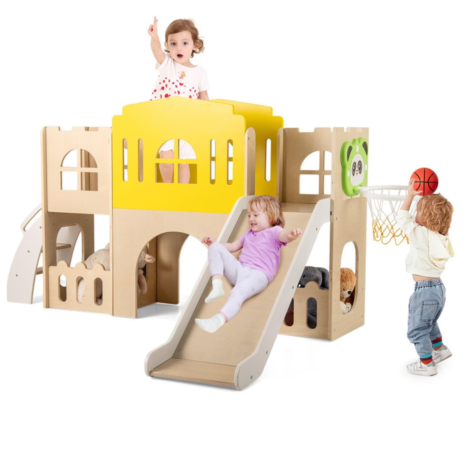 SUGIFT 7-in-1 Toddler Slide Set with Climber Basketball Hoop Crawl Tunnel Peekaboo Windows and Side Storage 67-in x 49-in x 38.5-in Wooden Castle Playset 66-lb Per-Child Weight Limit for 3 Kids Ages 3 and Up Indoor Outdoor Multicolor Playground Equipment