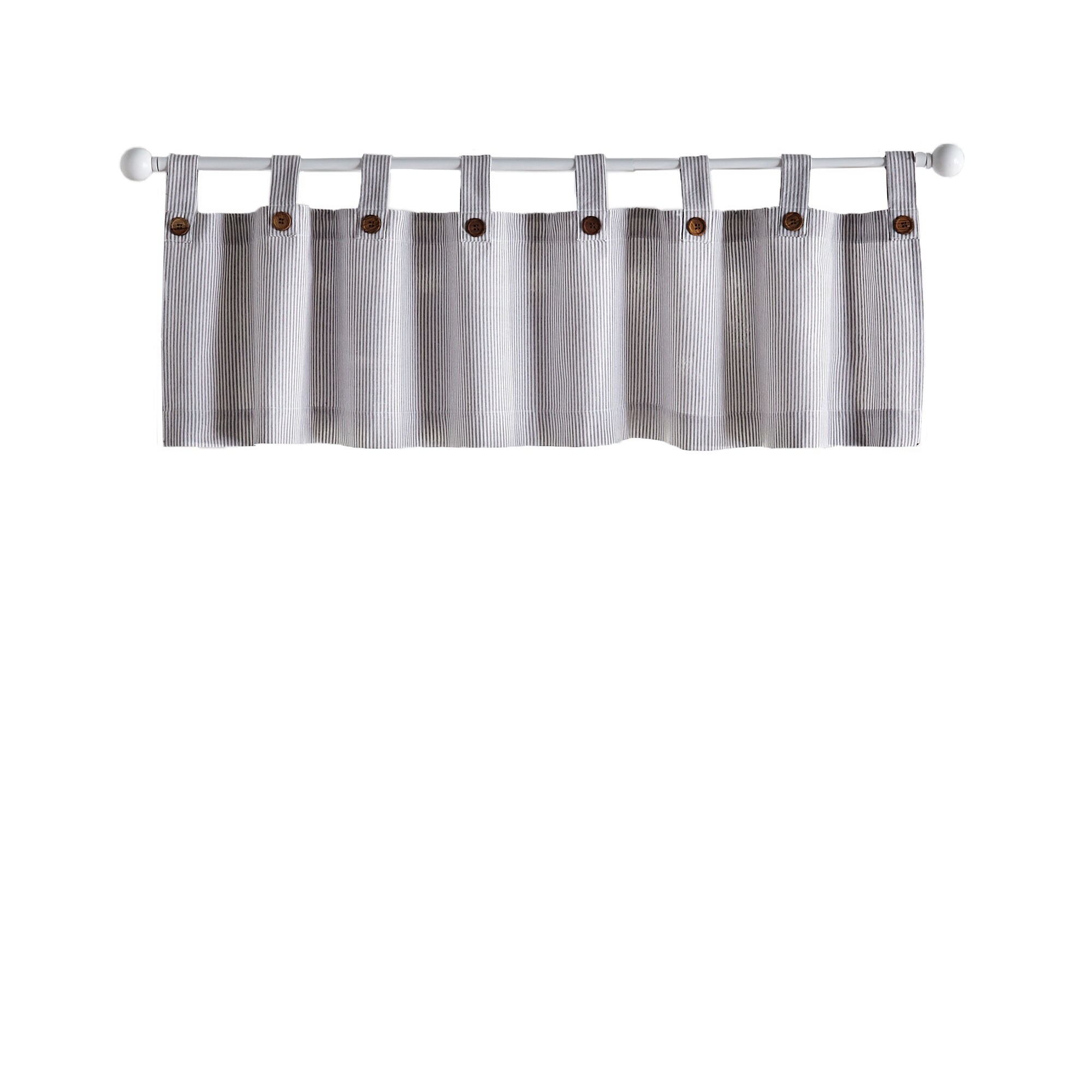 Gray Striped Cotton Tab Top Window Valance with Wooden Buttons
