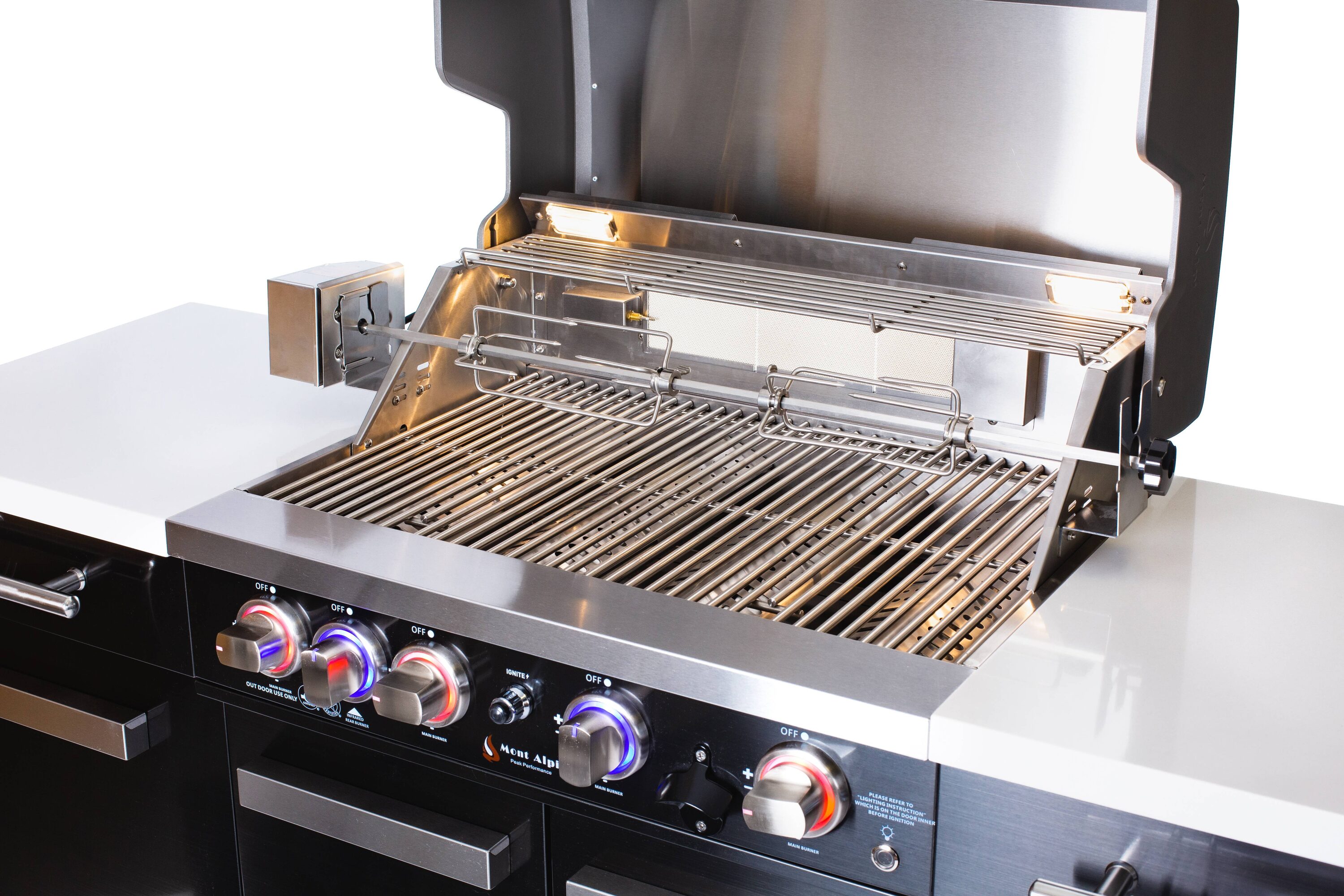 Mont Alpi Black Stainless Steel 5-Burner Outdoor Kitchen Island Grill with Rotisserie