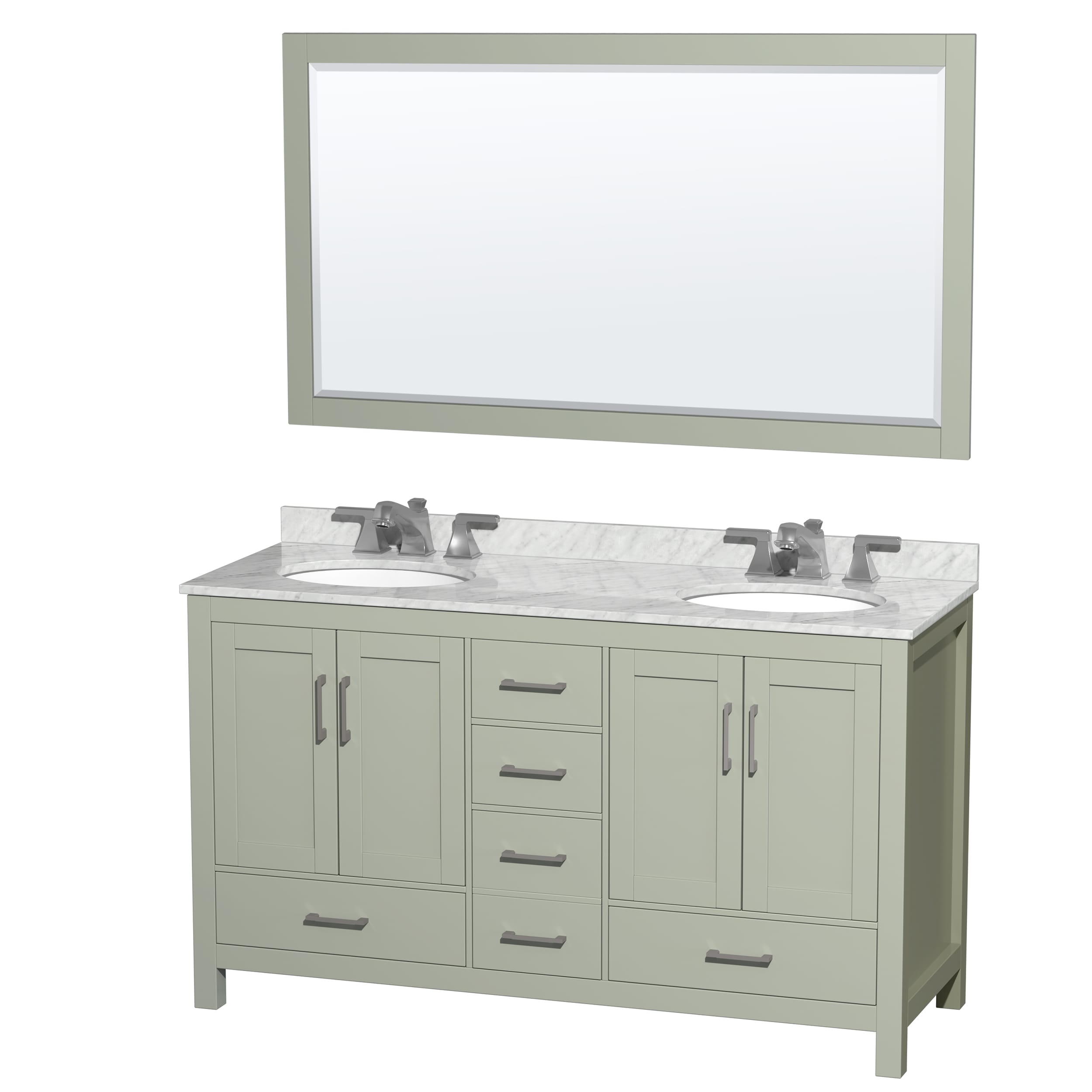 Wyndham Collection WCS141460DLGCMUNOM58 Sheffield 60-in Light Green Undermount Double Sink Bathroom Vanity with White Carrara Marble Top (Mirror Included)