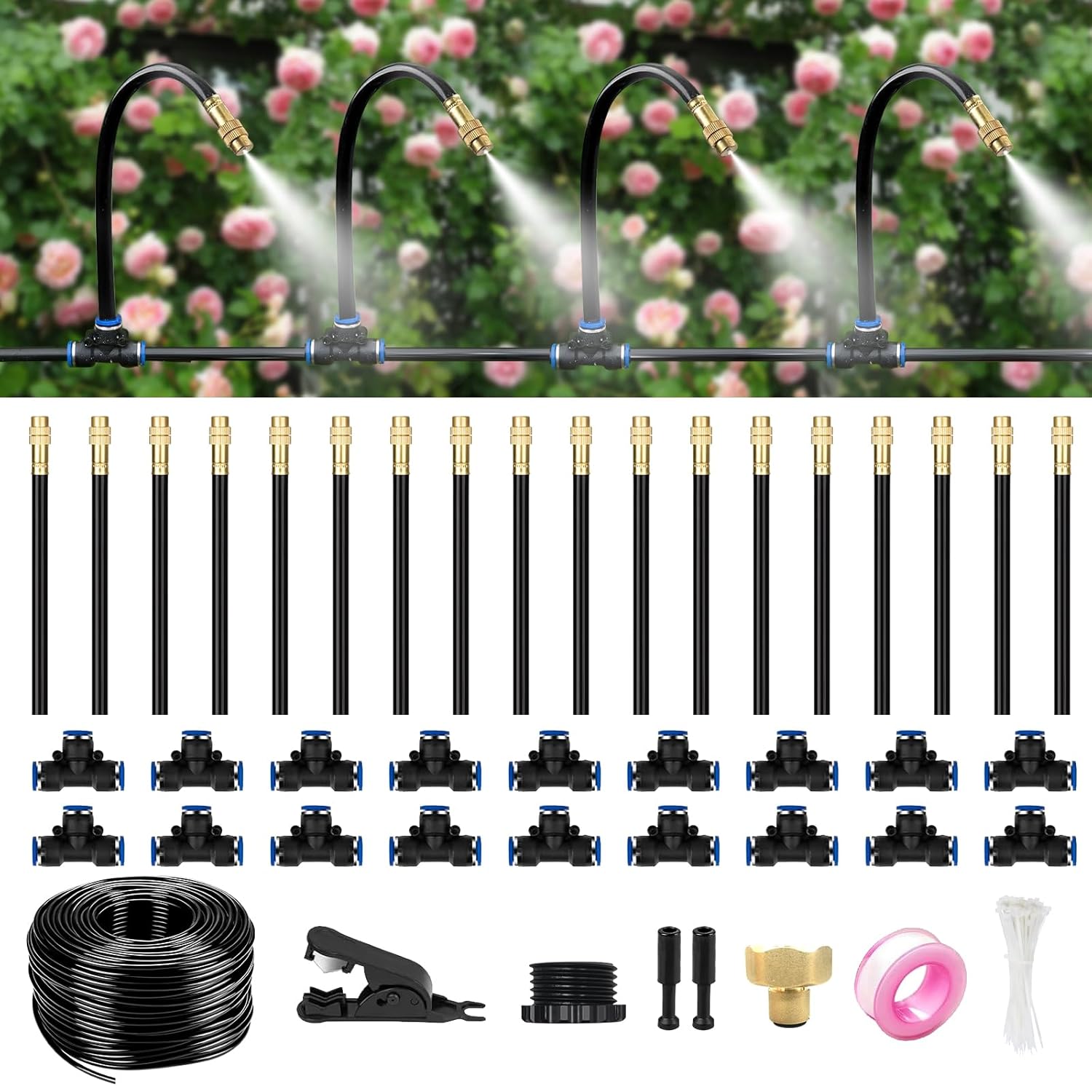 CJGQ 60 ft Drip Irrigation Kit with 360-Degree Bendable Tubing 16 Adjustable Misting Nozzles and Aluminum Connectors for Garden Greenhouse Lawn and Patio