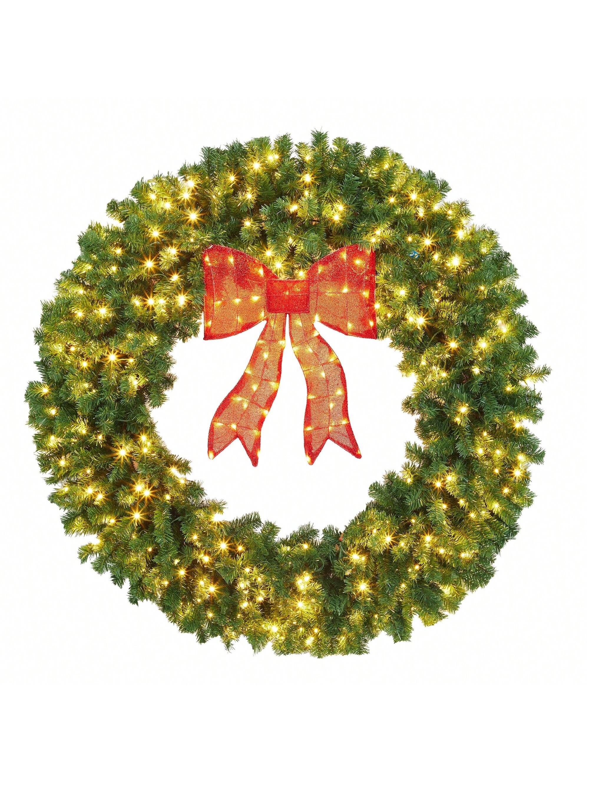 Qeetex DSDS-W6F91699 48Inch Green Artificial Christmas Wreath with Bow Pre Lit Winter Wreath with LED Light Indoor Outdoor Holiday Xmas Decorations