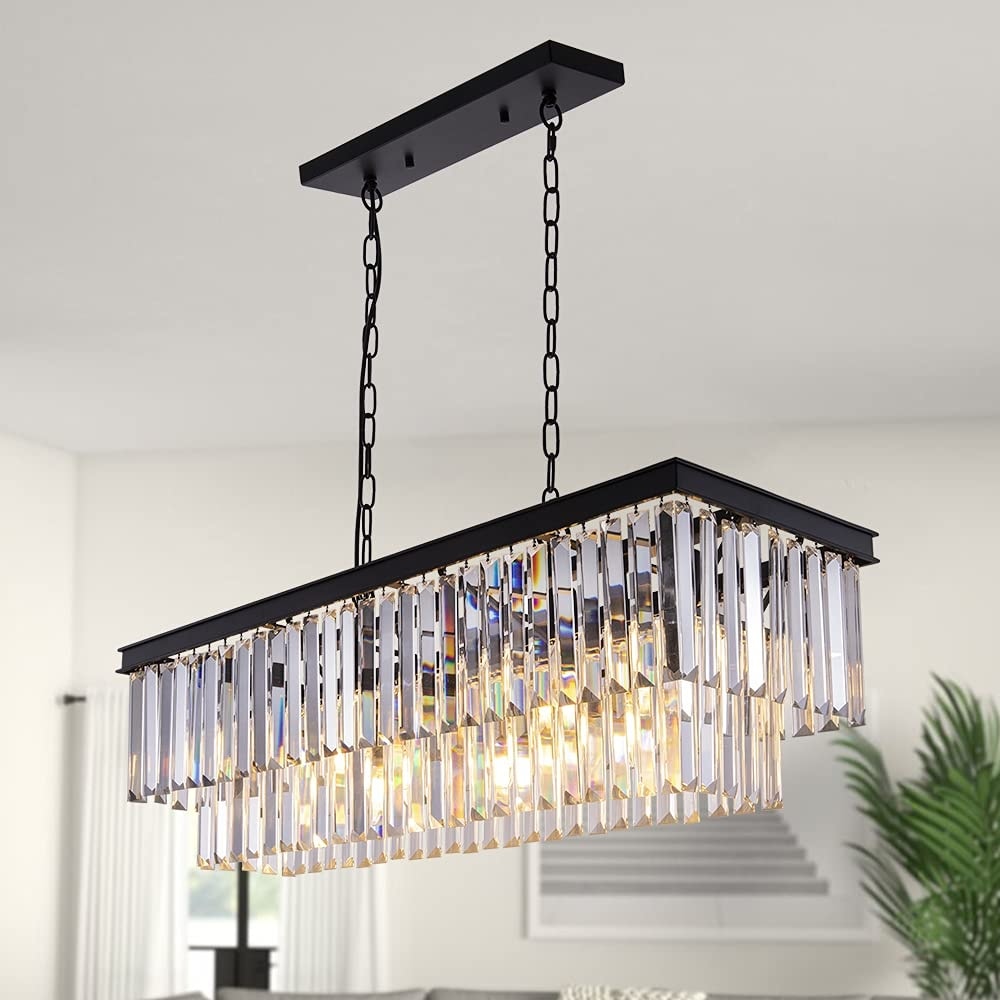 Vrbgify  9 Piece Black Crystal Rectangle Chandelier 33.46 in Length Adjustable Chain Modern Farmhouse Ceiling Light for Dining Room Kitchen