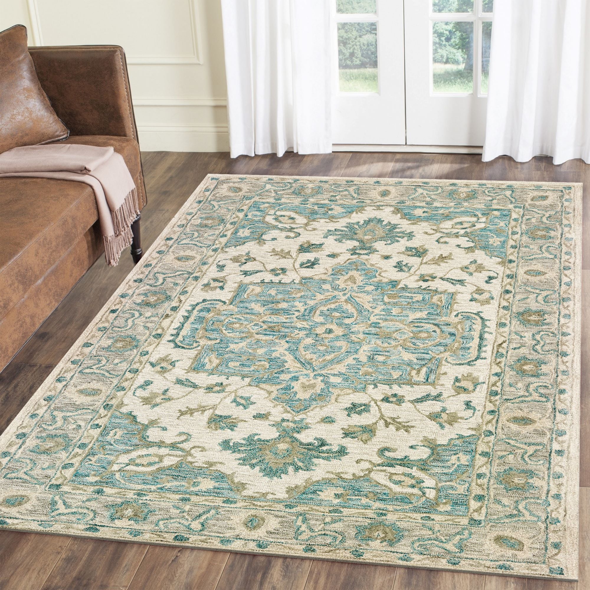 LR Home 4443A8984934J8 5 x 7 (ft) Tufted Wool Turquoise Gray Rectangular Indoor Medallion Persian Area rug