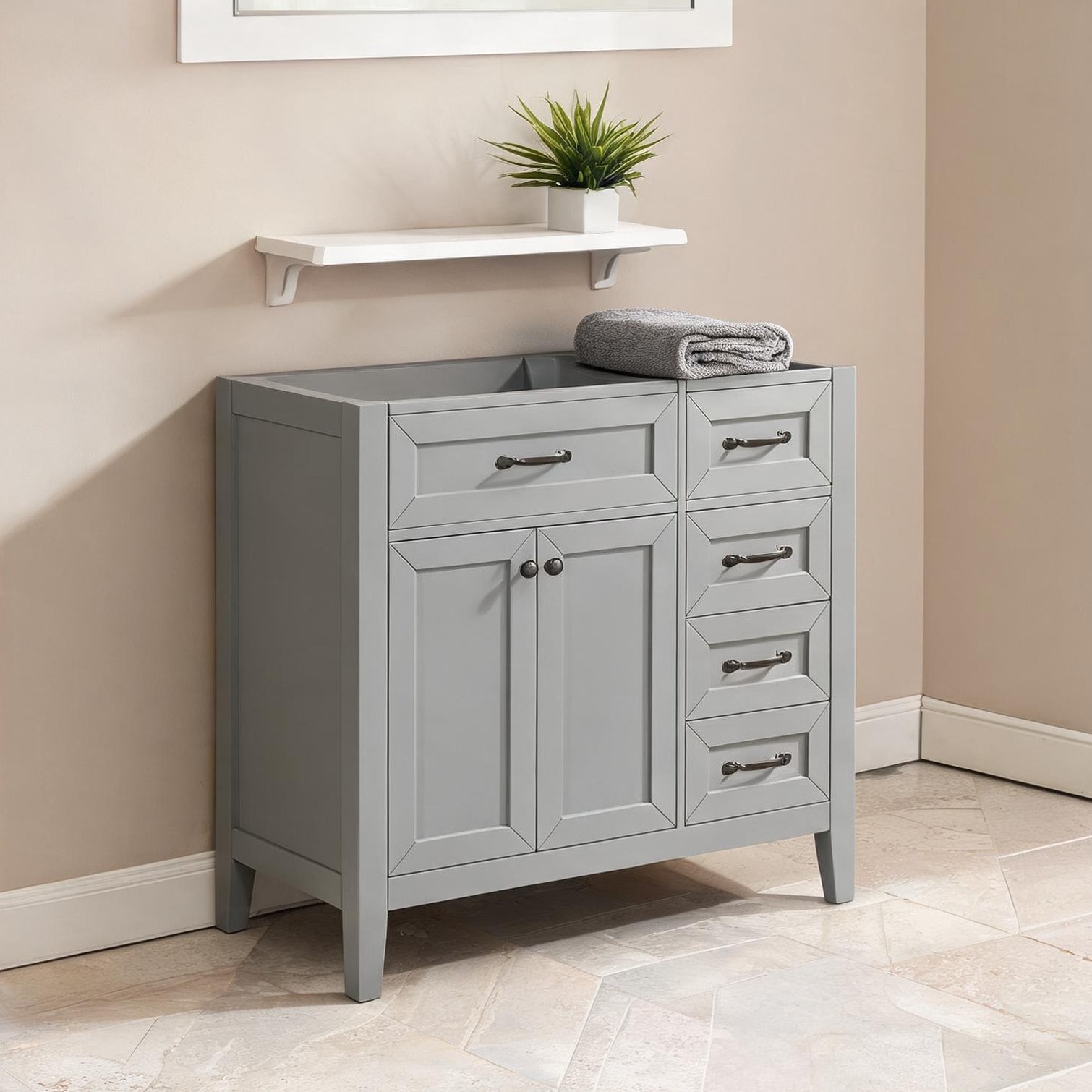 SunJet Grey Rubberwood Vanity Base with 4 Drawers 36-Inch Bathroom Cabinet Freestanding Modern Storage