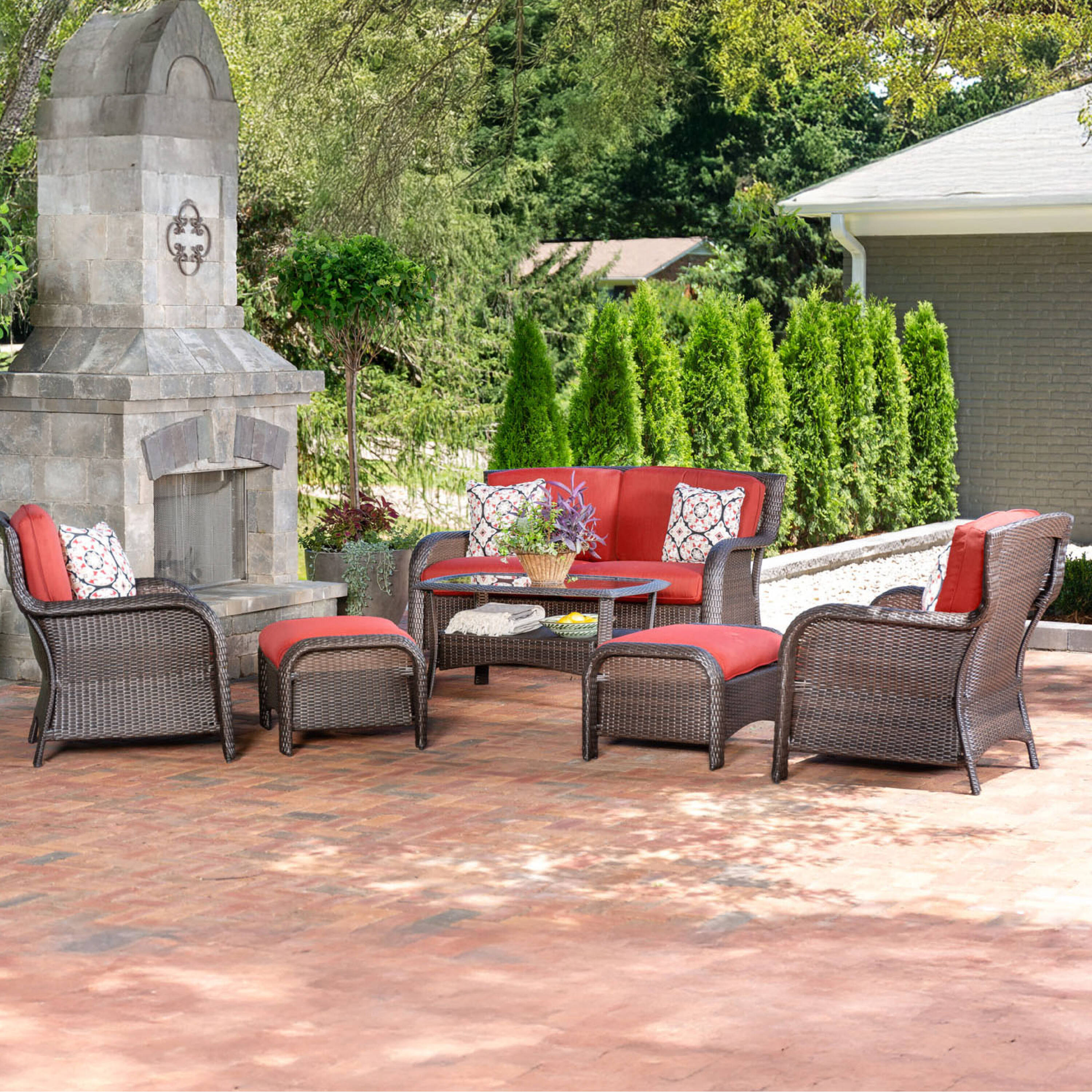 Hanover STRATHMERE6PCRED Strathmere 6 -Piece Wicker Patio Conversation Set with Red Cushions