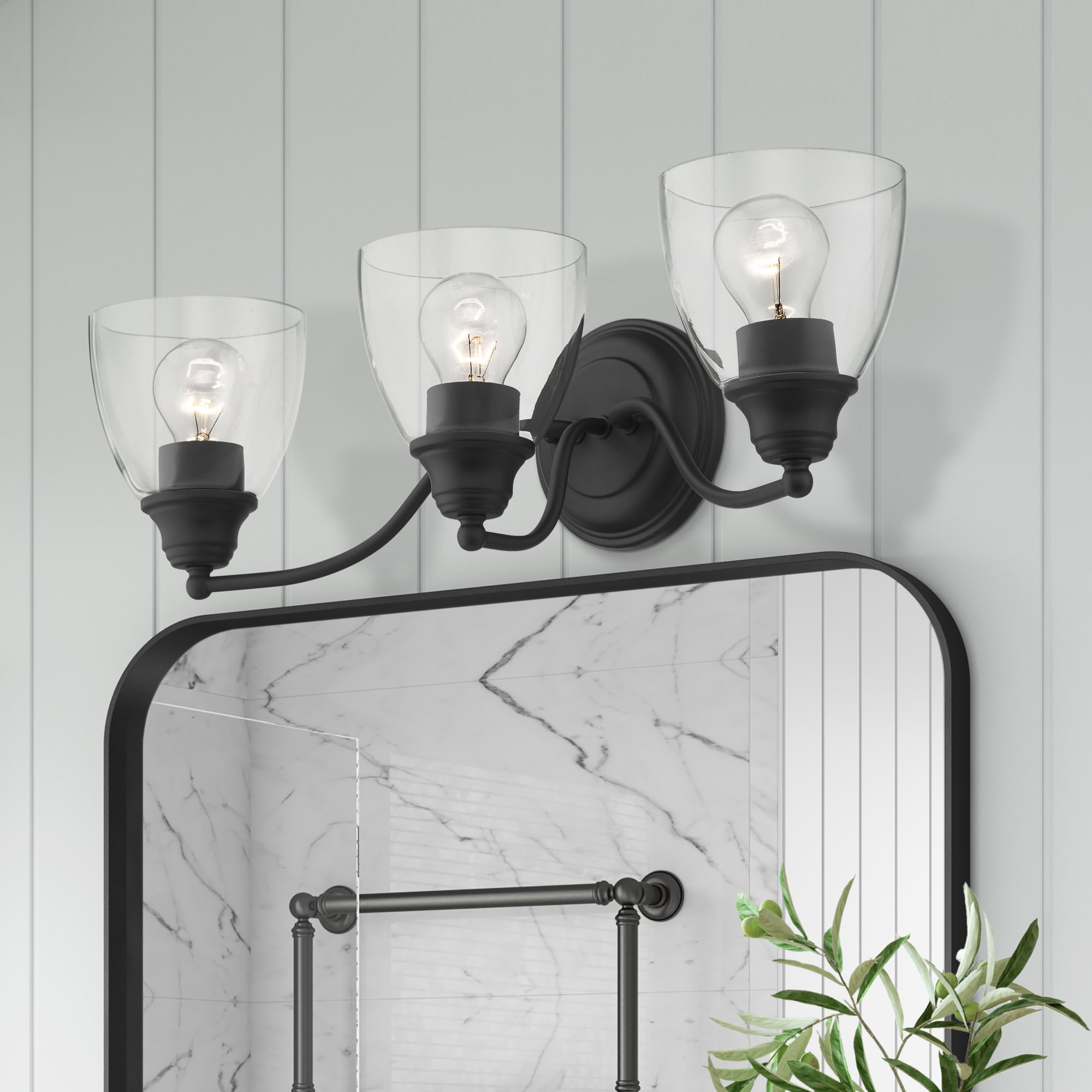Montgomery Black Steel 3-Light Vanity with Clear Glass Shades