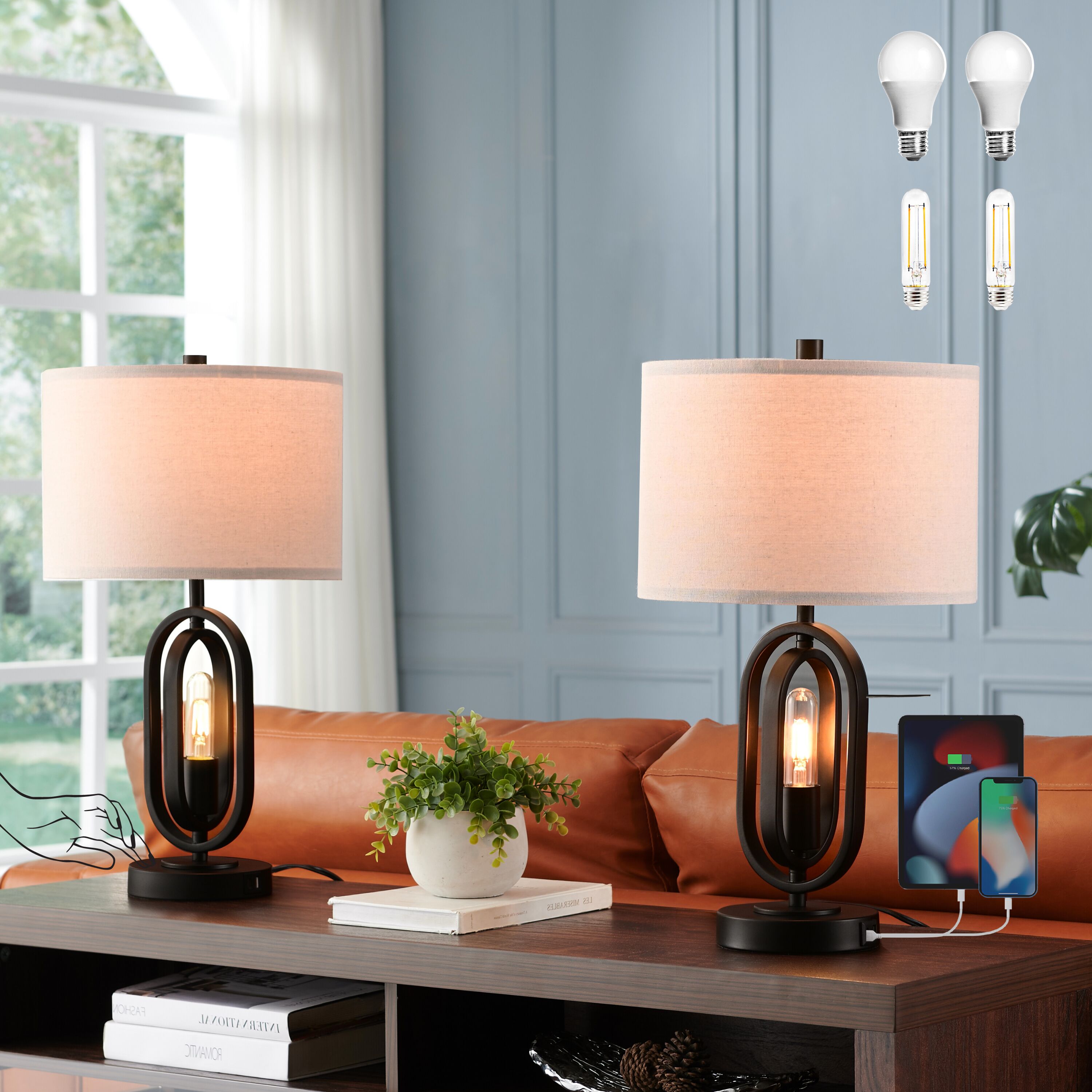 KAWOTI 21152 Industrial Medium Base (e-26) Lamp Set with Off-white Shades