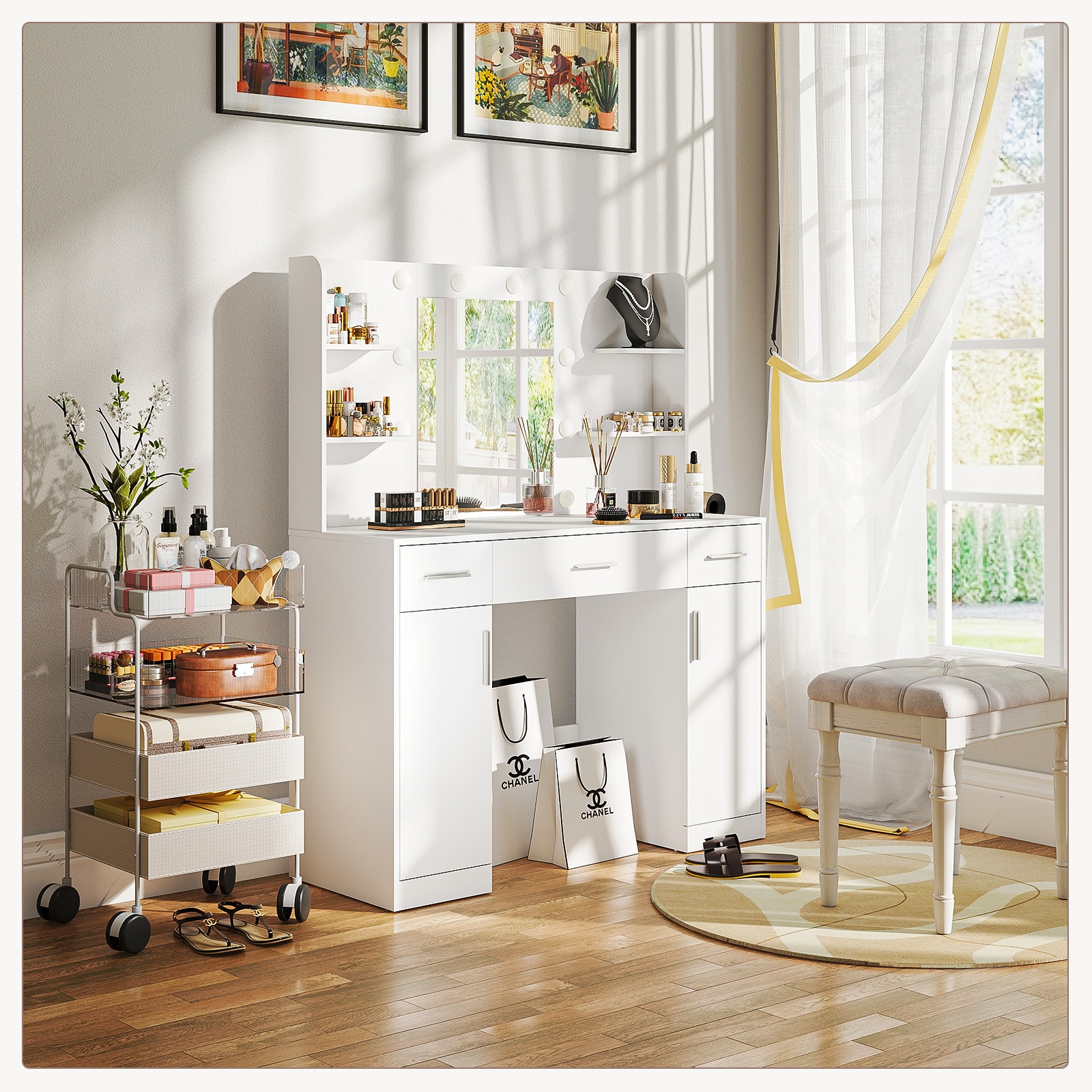 Wooakway - 48in. Bedroom Dressing Table with Mirror 3-Color Light Options Adjustable Brightness 3...