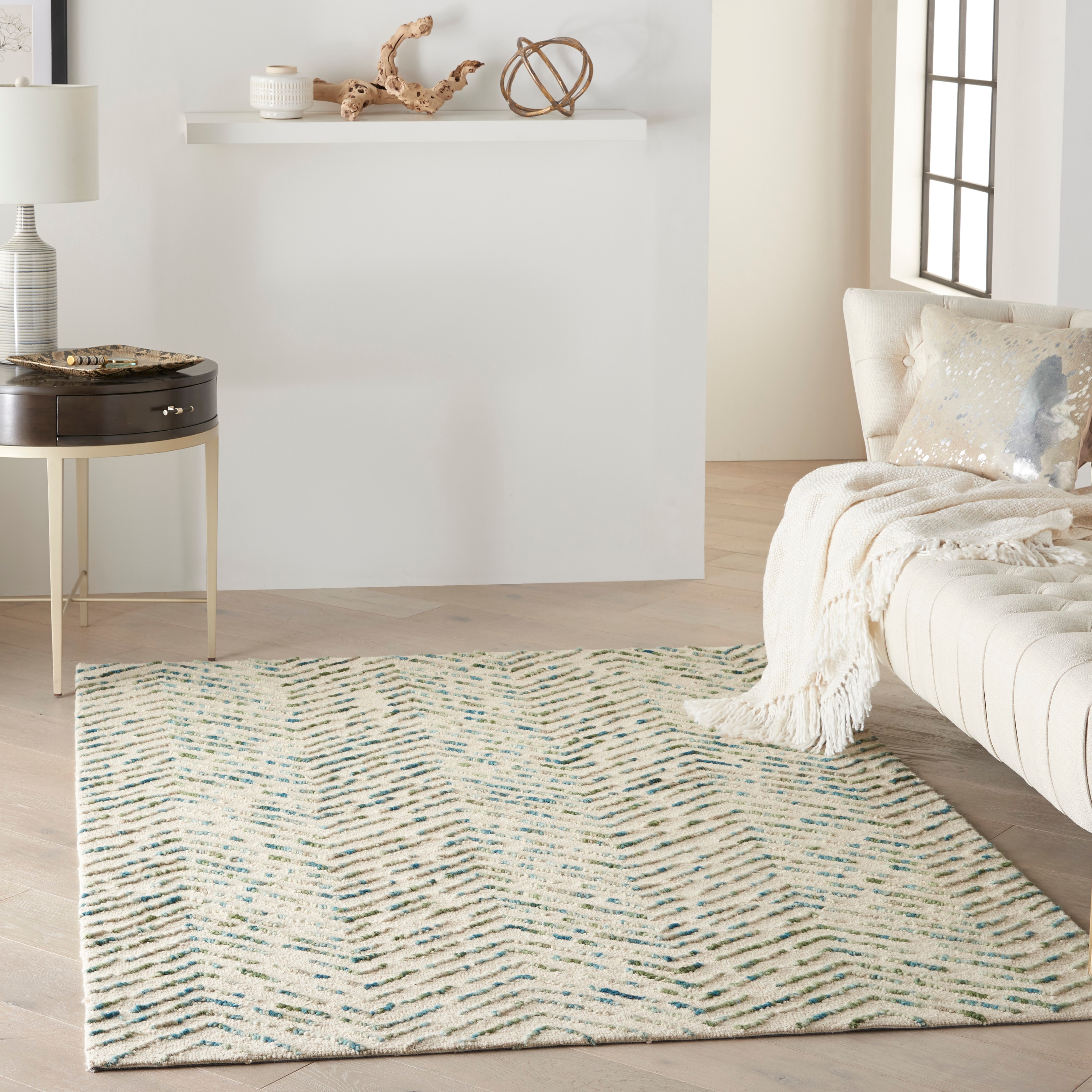 Artisanal Chevron Ivory & Green Hand-Tufted Wool Rug 5' x 7'