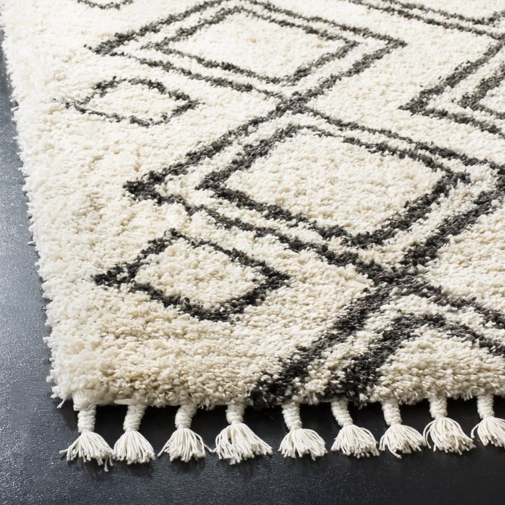 Ivory and Charcoal Geometric Shag Wool Area Rug, 4' x 6'