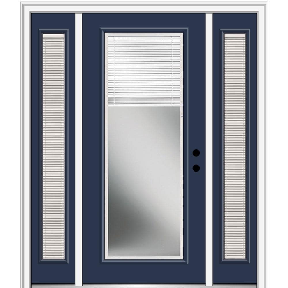 MMI DOOR ZZ10276L 64-in x 80-in x 4-9/16-in Fiberglass Full lite Left-hand inswing Naval Painted Prehung Front Door with Sidelights with Brickmould Insulating core with Blinds