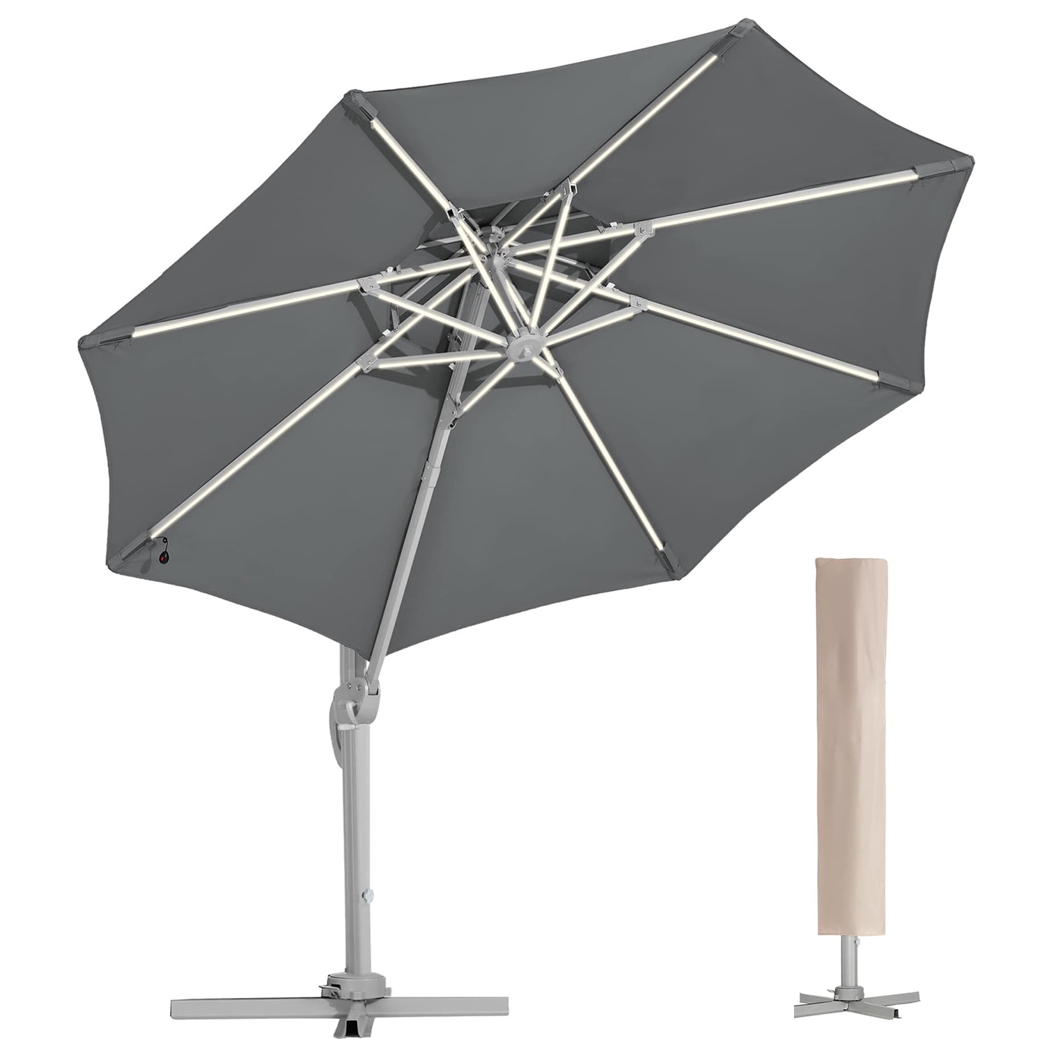 JEAREY 11-ft Aluminum Round Offset Patio Umbrella With Lights In The ...