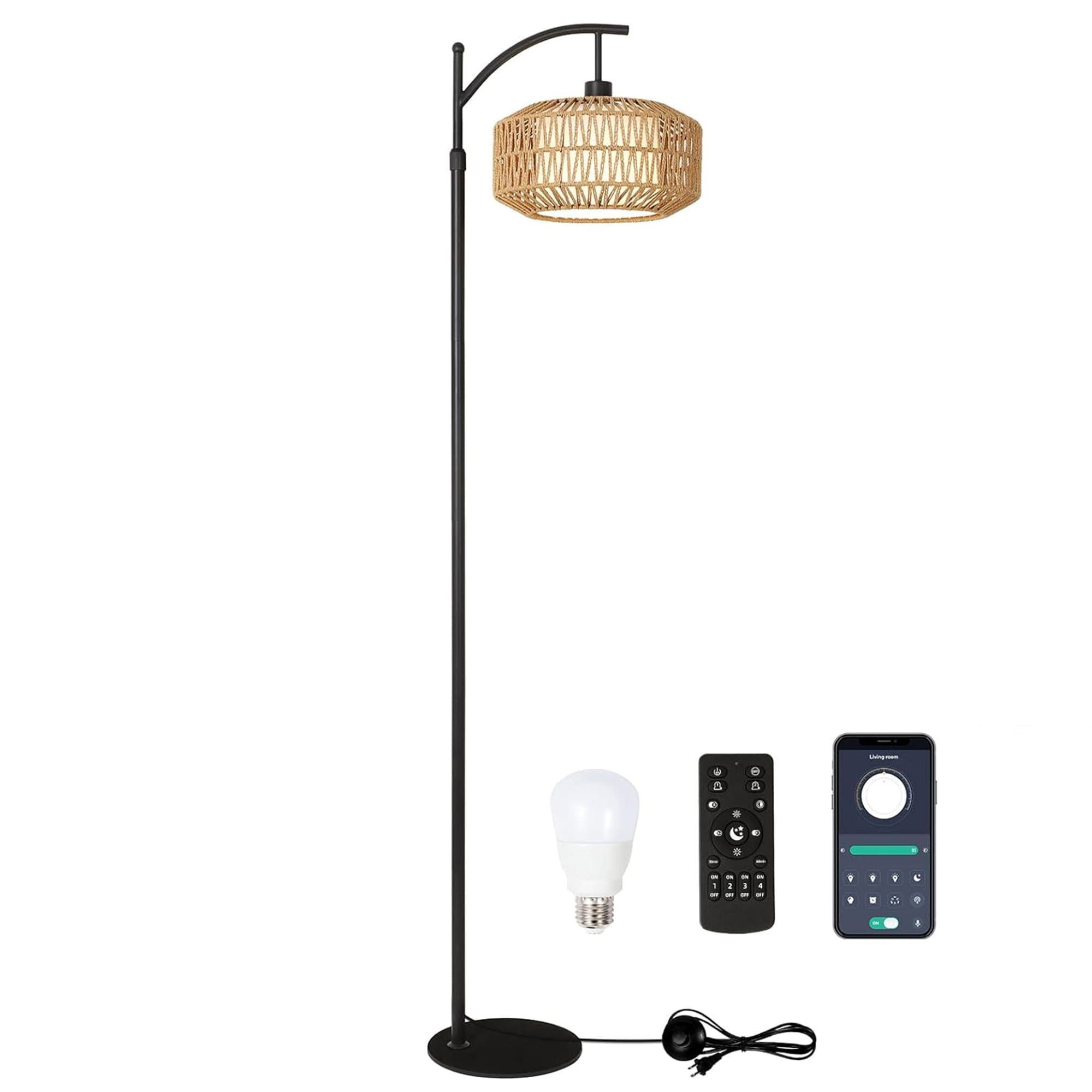 Bybafun YB5800016 72.8-in Black Arc Floor Lamp with Rattan Shade