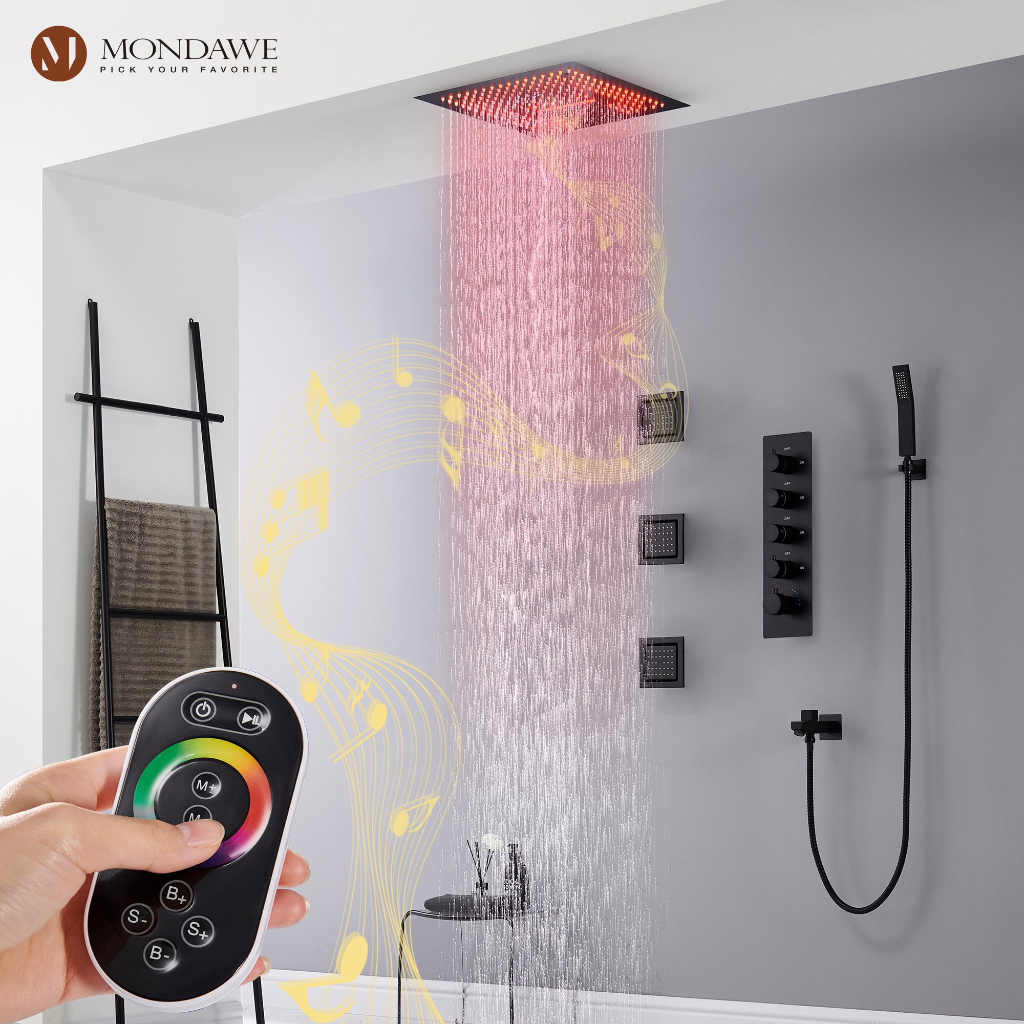 Mondawe Matte Black 16-in Waterfall Built-In Shower Faucet System With ...