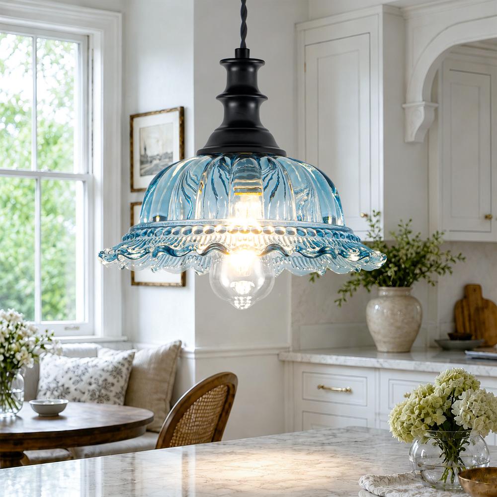 Henveton Jasslynn 9.84in1-Light Black Vintage Adjustable Pendant Light with Blue Floral Glass Shade for KitchenIsland Living room