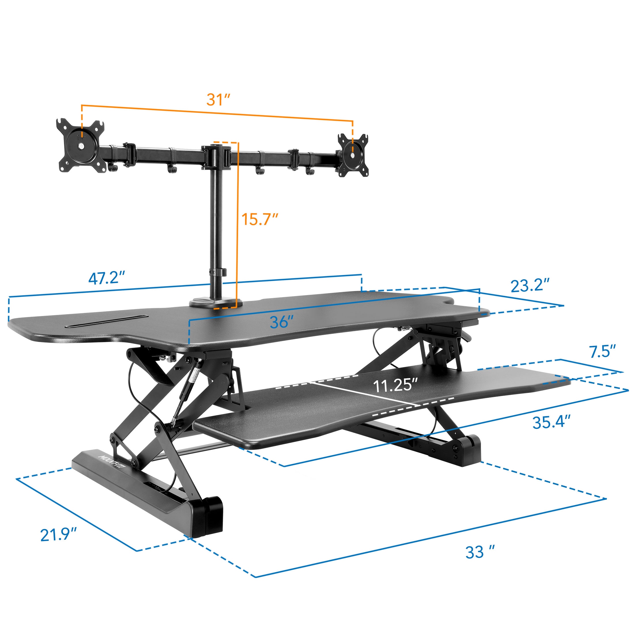Black Adjustable Dual Monitor Standing Desk Converter with Gas Spring
