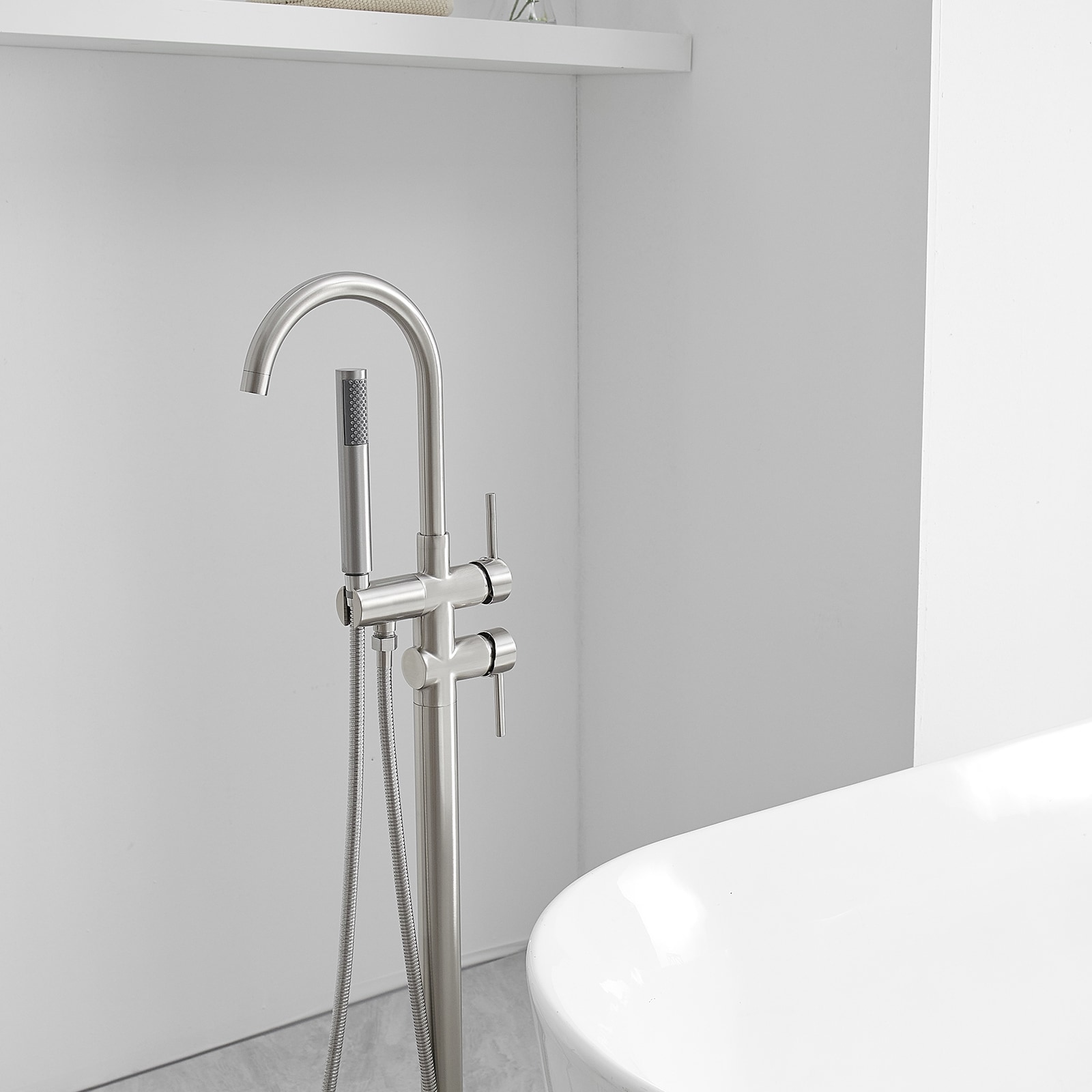 Brushed Nickel Freestanding Tub Filler with Hand Shower