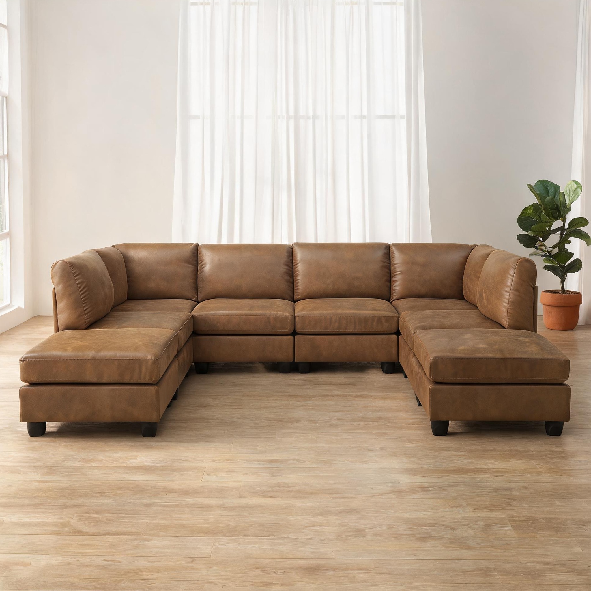 Watnature Expandable modular sectional in classic brown faux leather ...