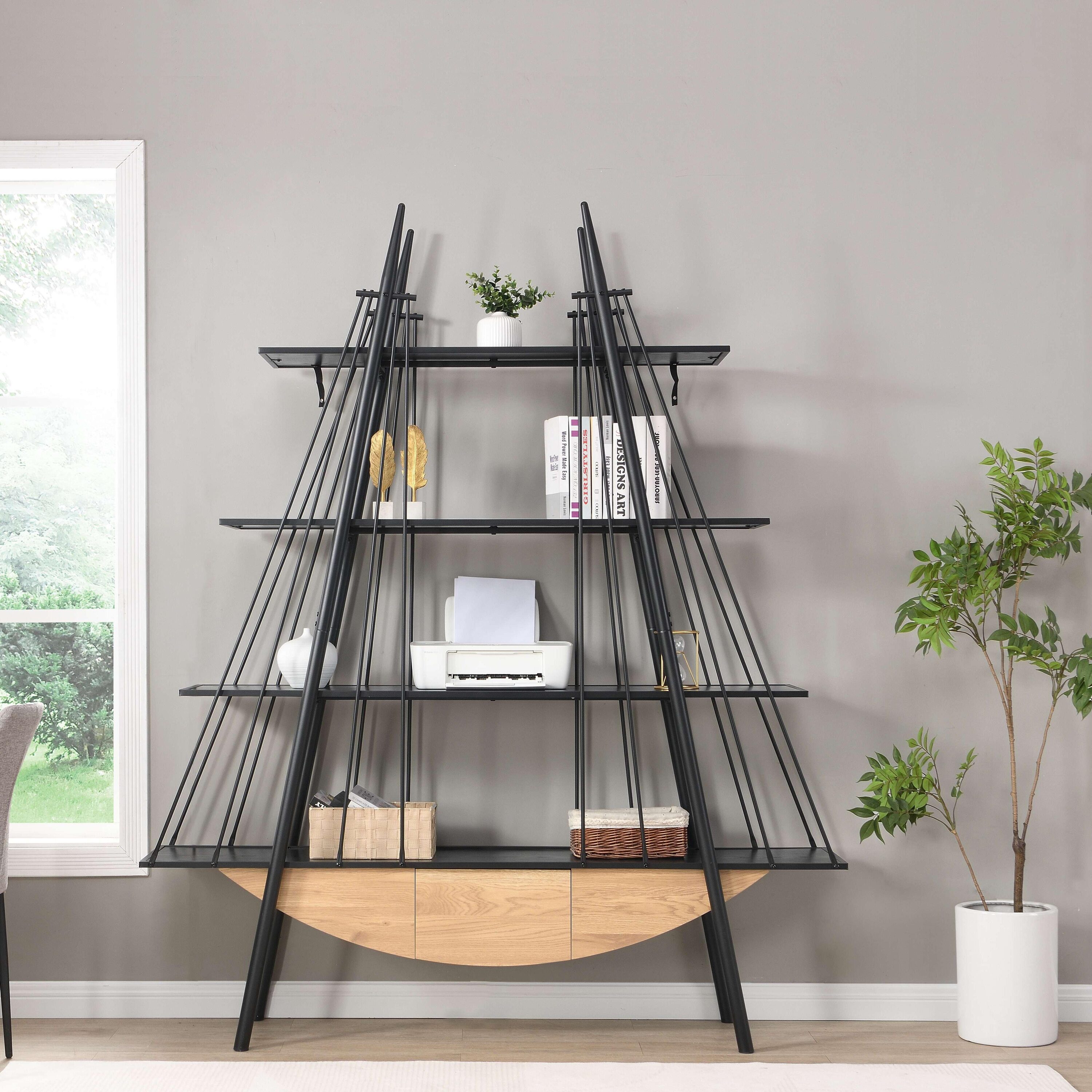 LOVMOR SF-Y-W2317P253500 Sailboat Inspired Bookshelf 70.87 inch Industrial 4 Tier Open Storage Shelf with Drawer Wooden and Metal Freestanding Bookcase Sturdy Display Rack for Living Room Office and Home Decoration.