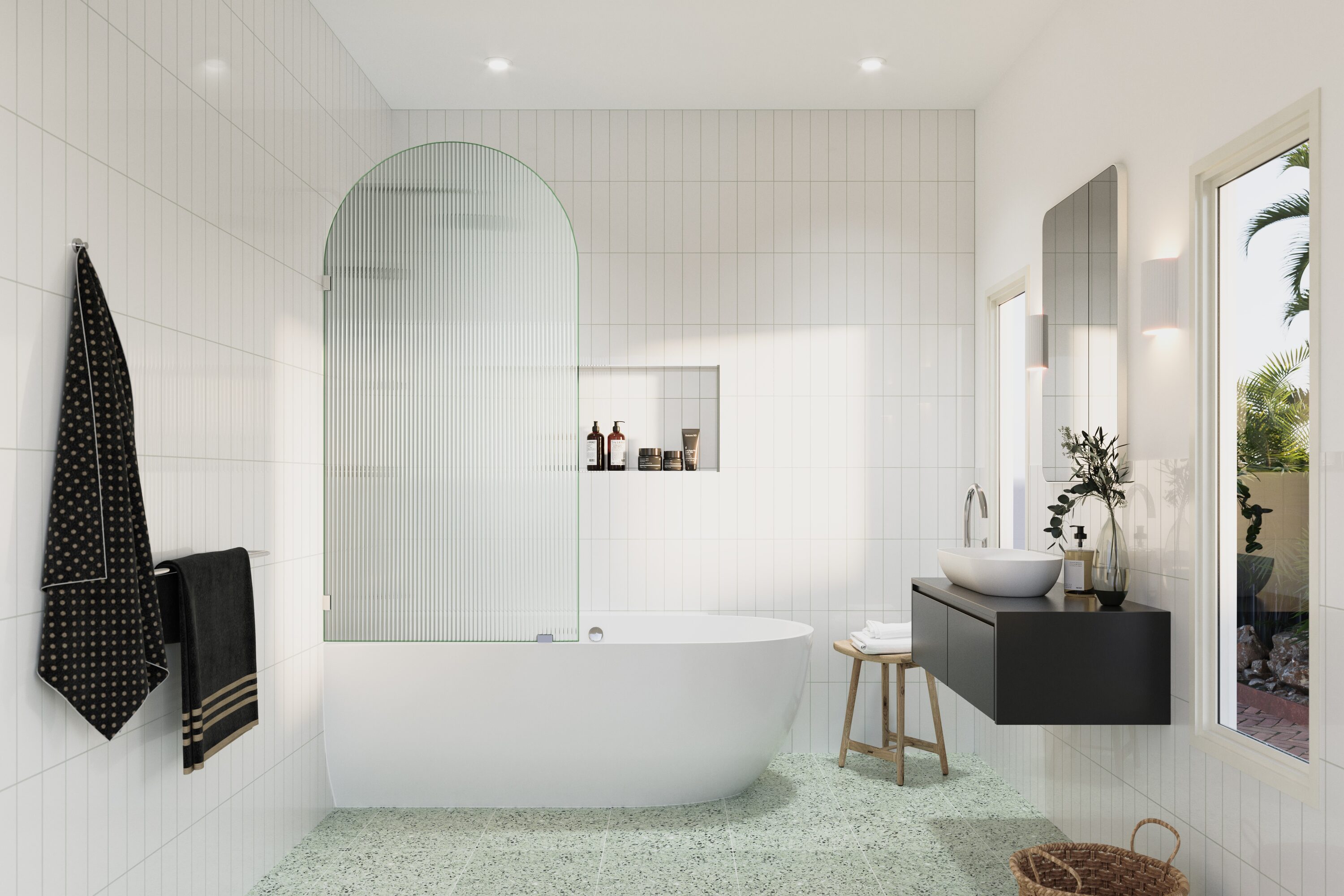 Maven 34" x 66.75" Frameless Arched Fluted Glass Bath Panel