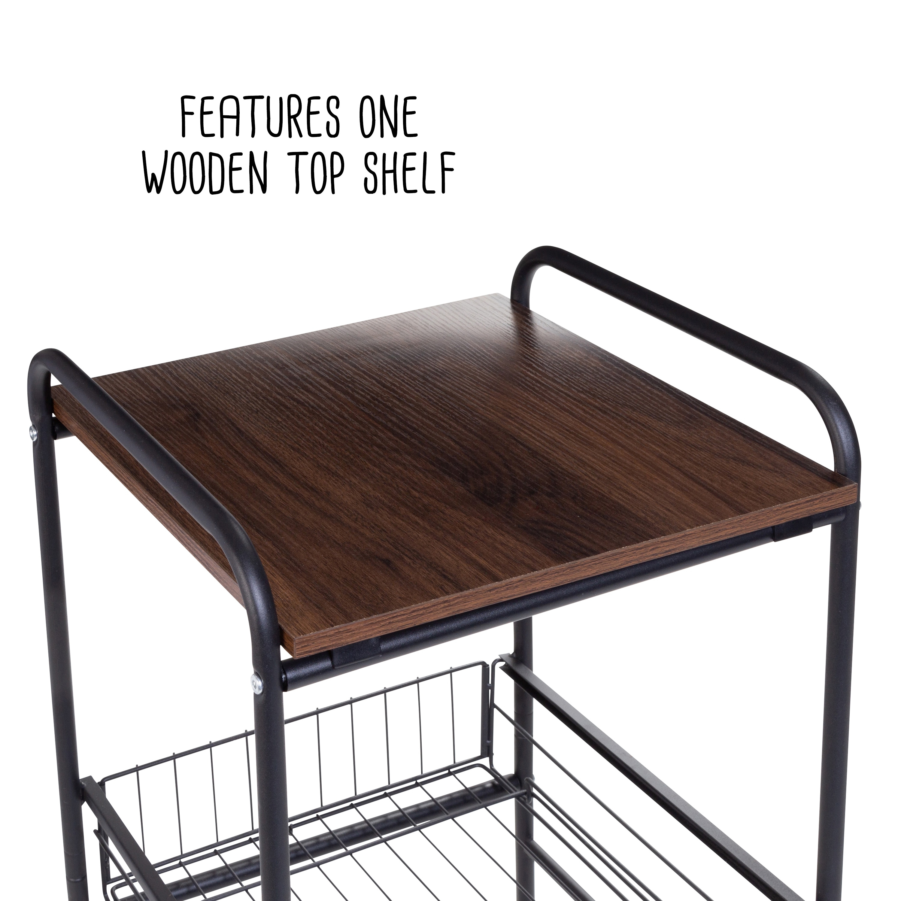 Black 3-Tier Rolling Kitchen Cart with Wood Top and Storage