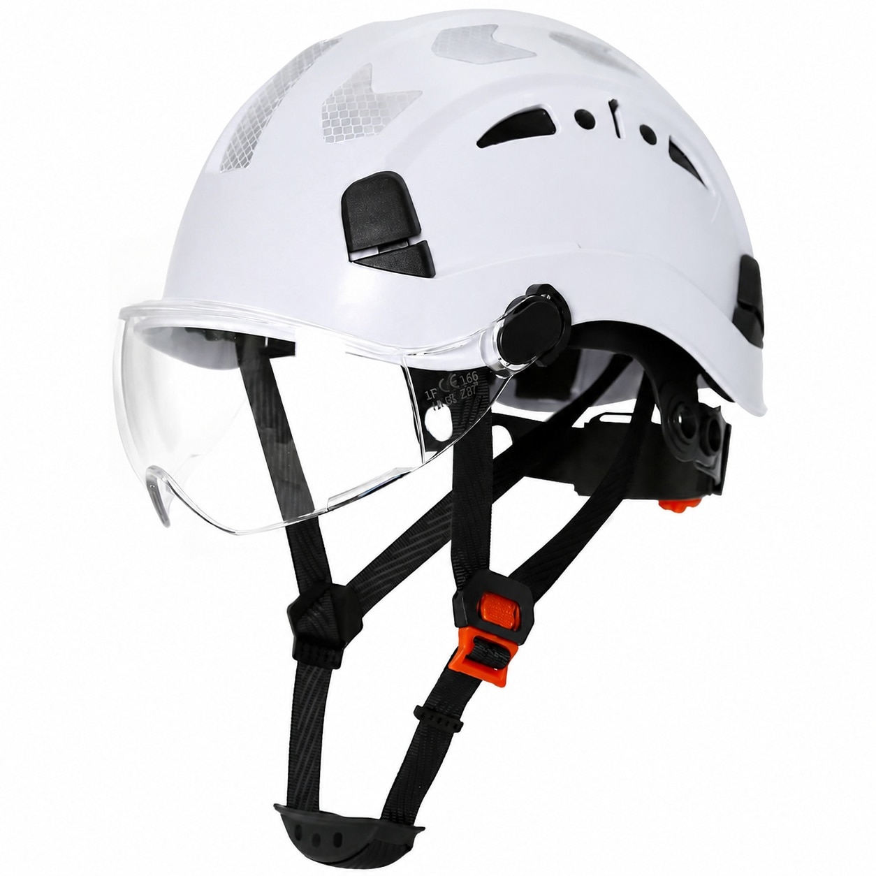 Etokfoks  Reflective Vented ABS Hard Hat White Clear Visor Safety Helmet Class C Industrial Workwear 6 Point Suspension 1pc