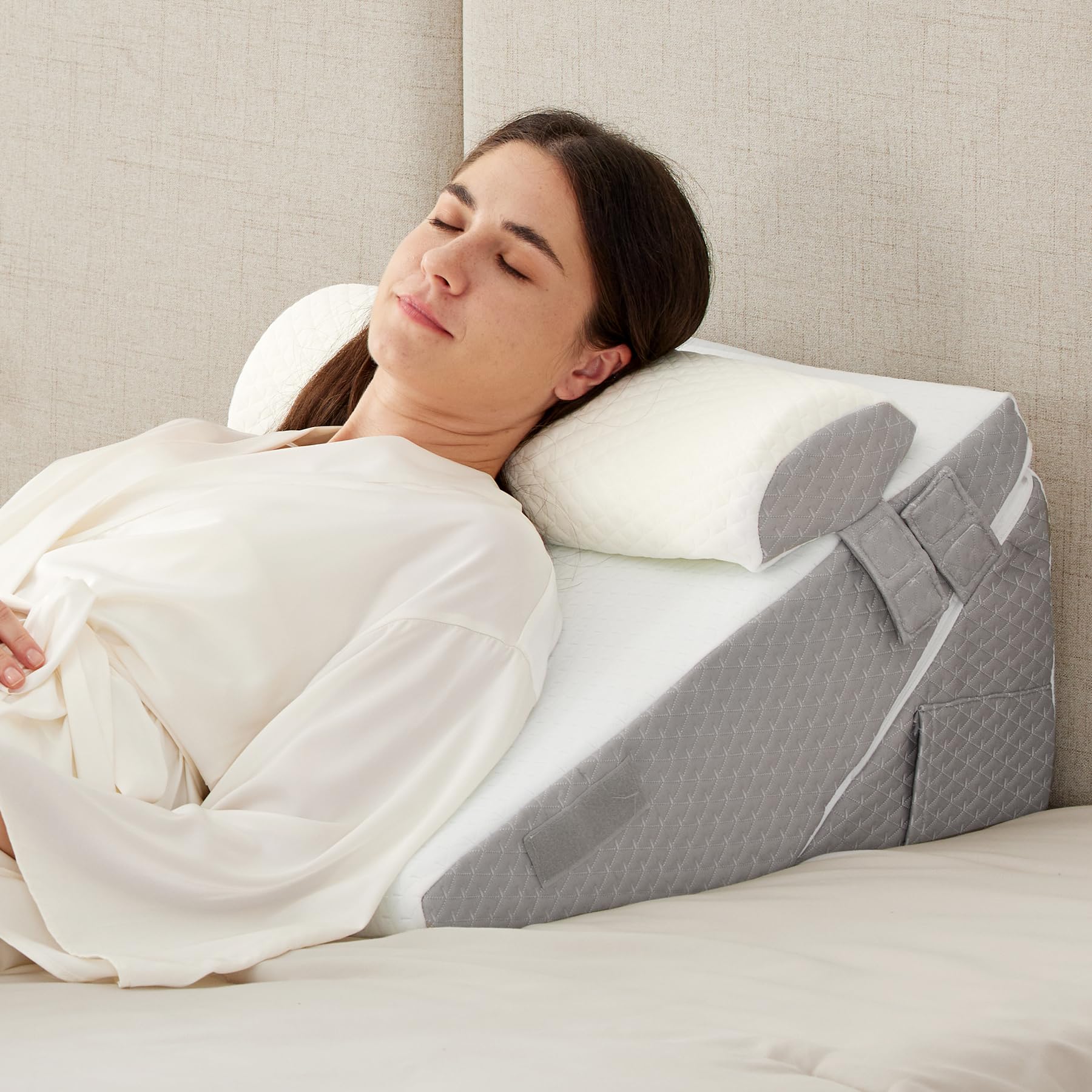 PIGFDK White Grey Adjustable and 1 Head Pillow 3 Piece Post Surgery Elevation Support Wedge Set For Sleeping Recovery And Pain Relief