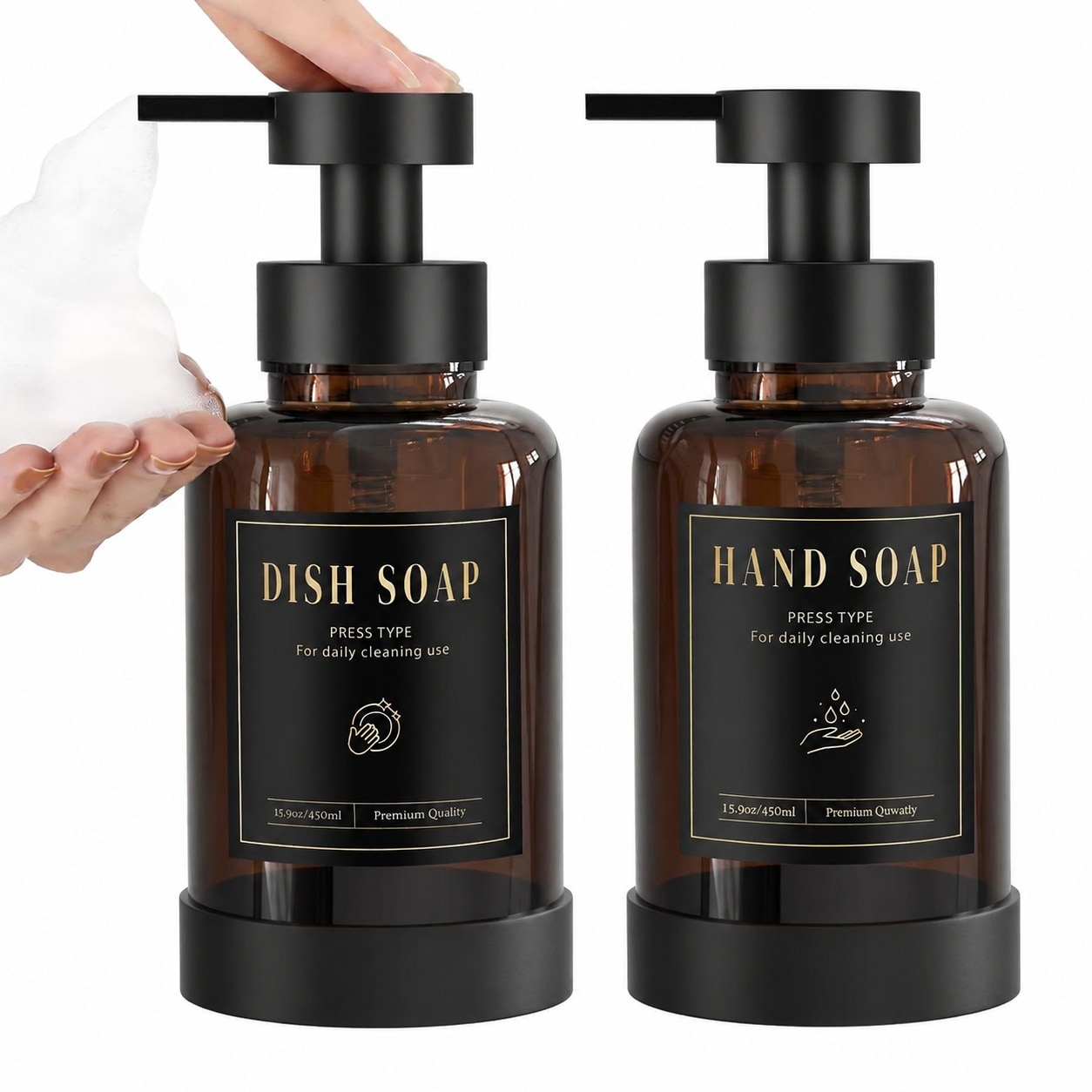 Phyfalip  Foaming Soap Dispenser Glass Amber Non Slip Refillable Hand Soap Bottle with Waterproof Labels 15 Oz for Bathroom Kitchen 2 pack