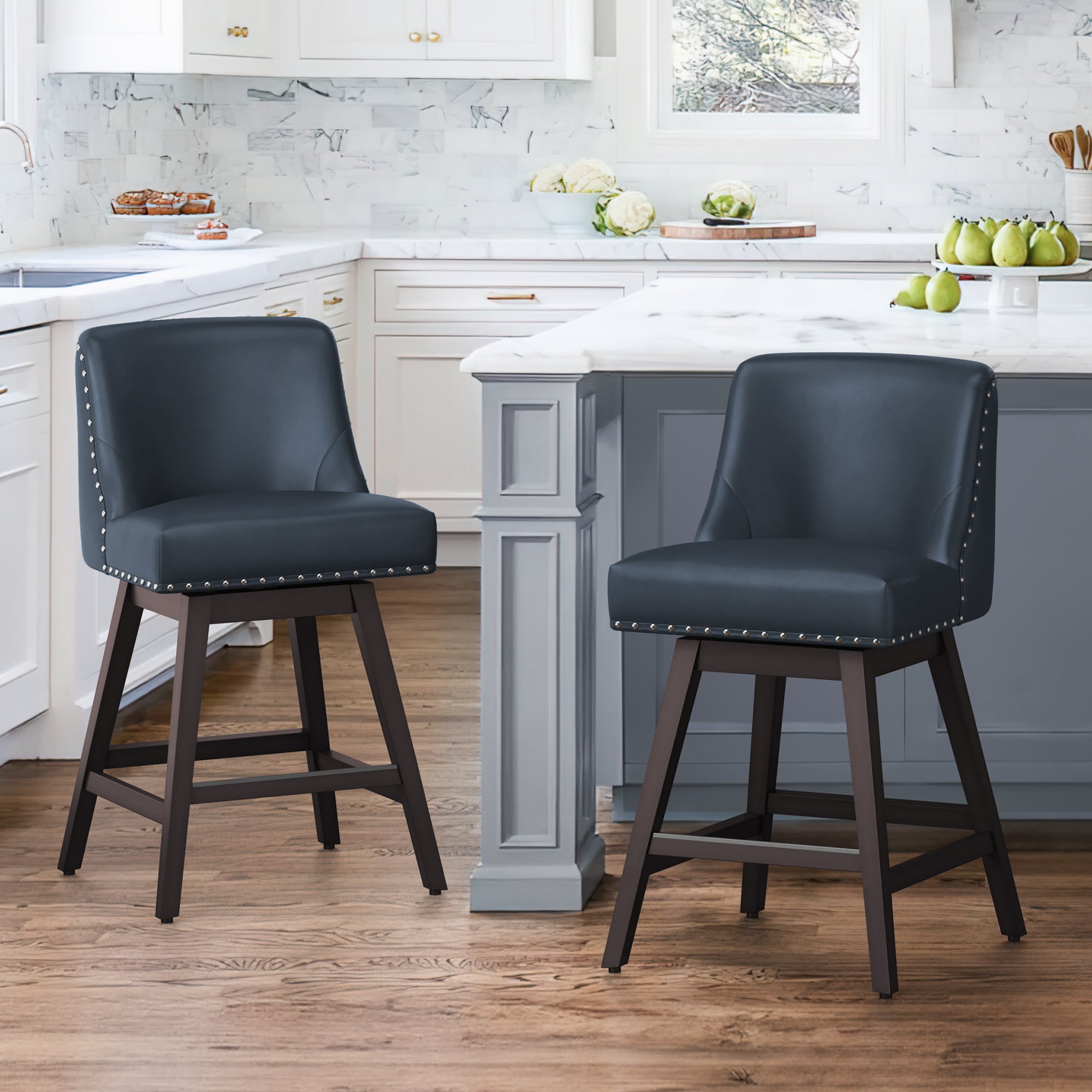 LUE BONA 2YB-040-08LS Set of 2 Navy Blue 26-in H Counter height (24-in to 27-in) Square Seat Upholstered Swivel Wood Back Bar Stool Back