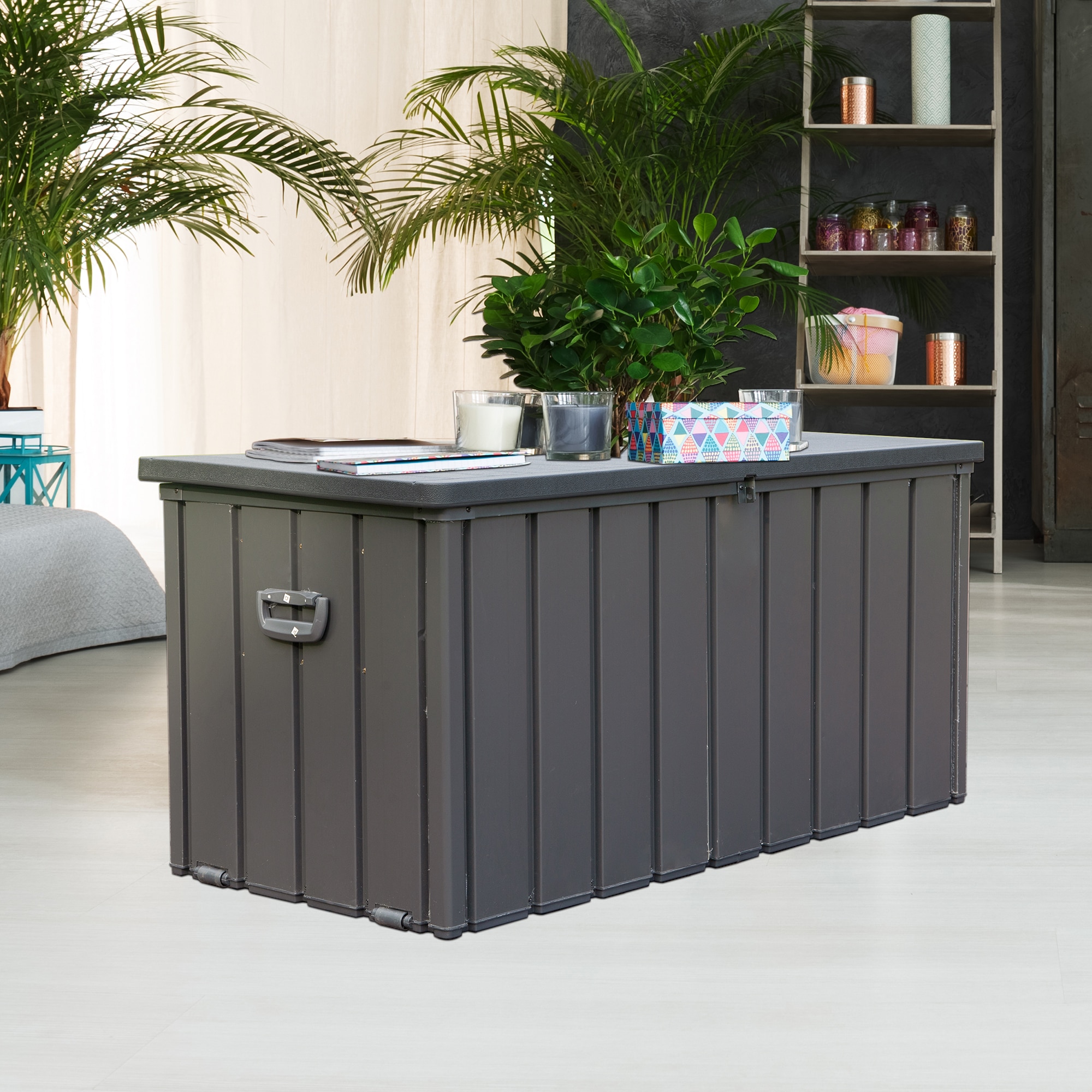JIMSMAISON BOCPSDB02-10DG 49.41-in L x 24.69-in 100-Gallon Dark Gray Metal Deck Box