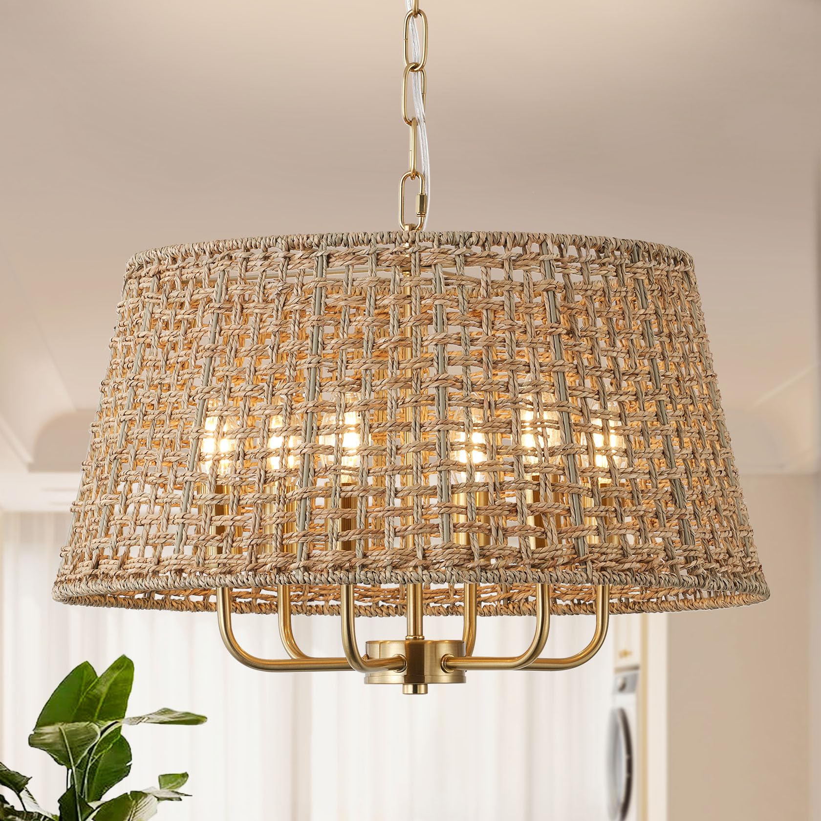 IUEST  20 Inch Rattan Boho Chandelier 6 Light Farmhouse Wicker Hand Woven Ceiling Pendant Light Fixture for Dining Room Bedroom Hallway Kitchen