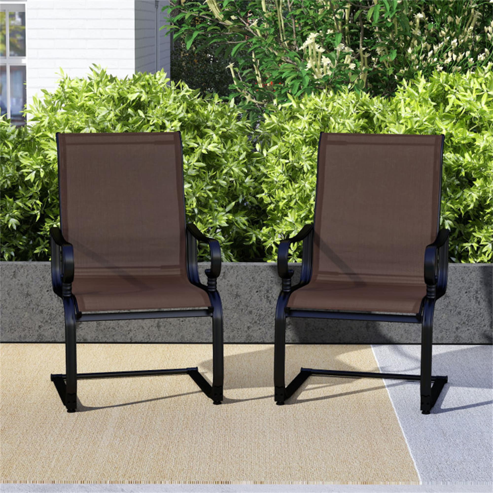 BABOOM BOM-P174468-OR Patio Chairs Set of 2 Black Metal Frame C-spring Dining Chair with Brown Sling Seat