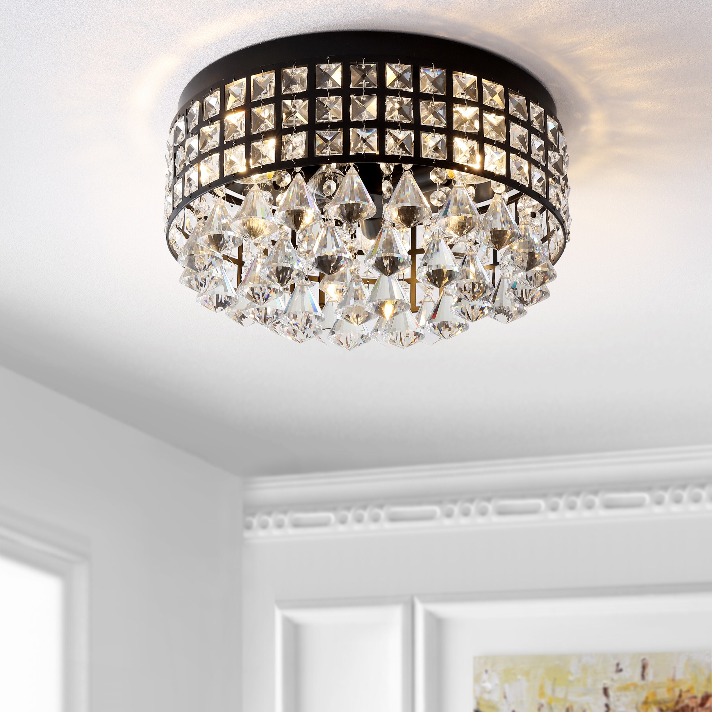 Meredith 14.5" Black Crystal Drum LED Flush Mount
