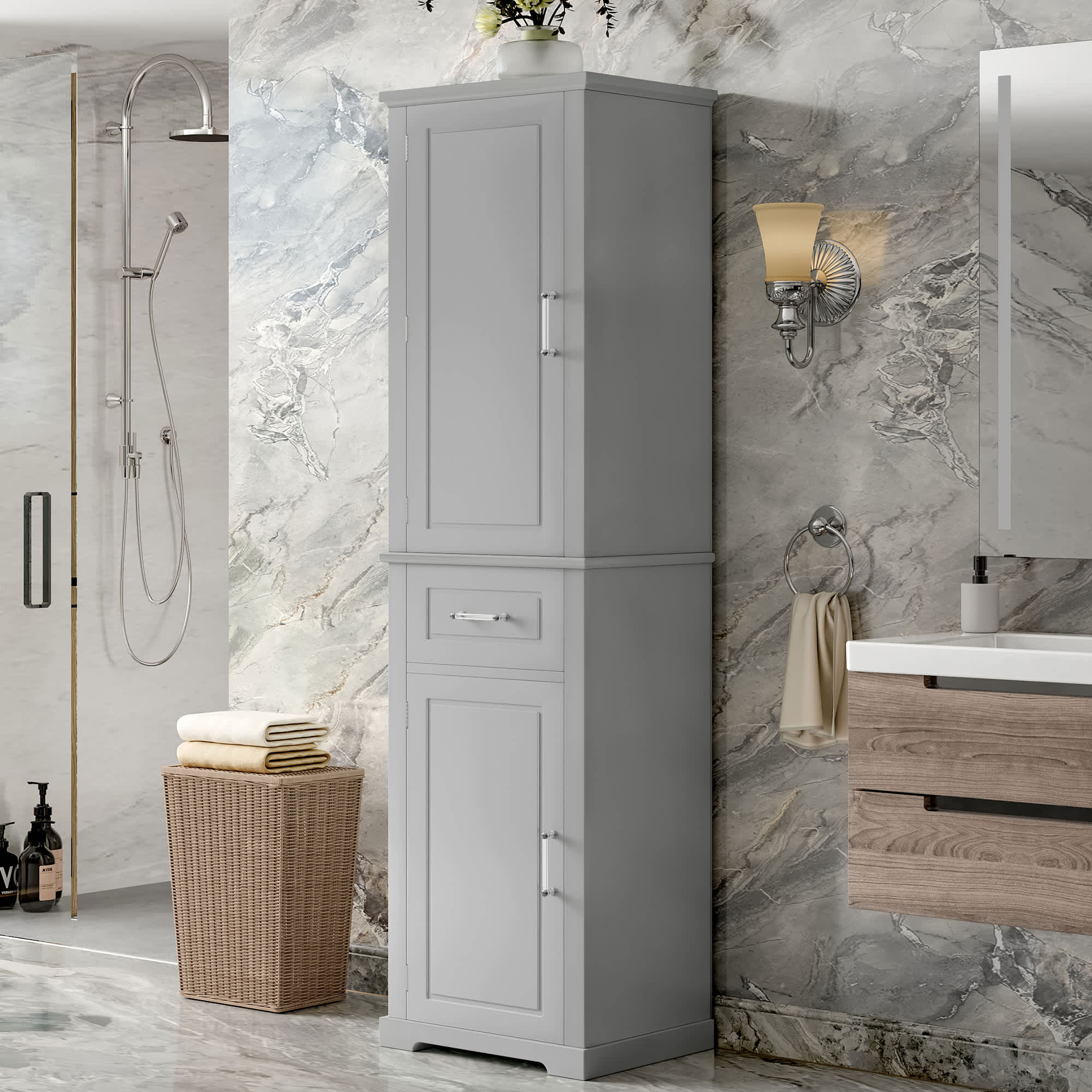 Roomfitters  72 Inch Tall Bathroom Storage Cabinet with Interior Door Shelves Linen Tower with Drawer and Shaker Doors Gray