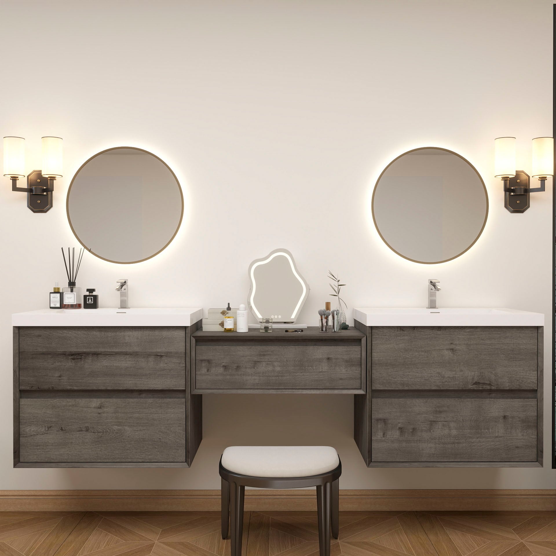 BV Better Vanity SLIM24+24+24-SO Kingdee 72-in Smoke Oak Single Sink Floating Bathroom Vanity with White Acrylic Top